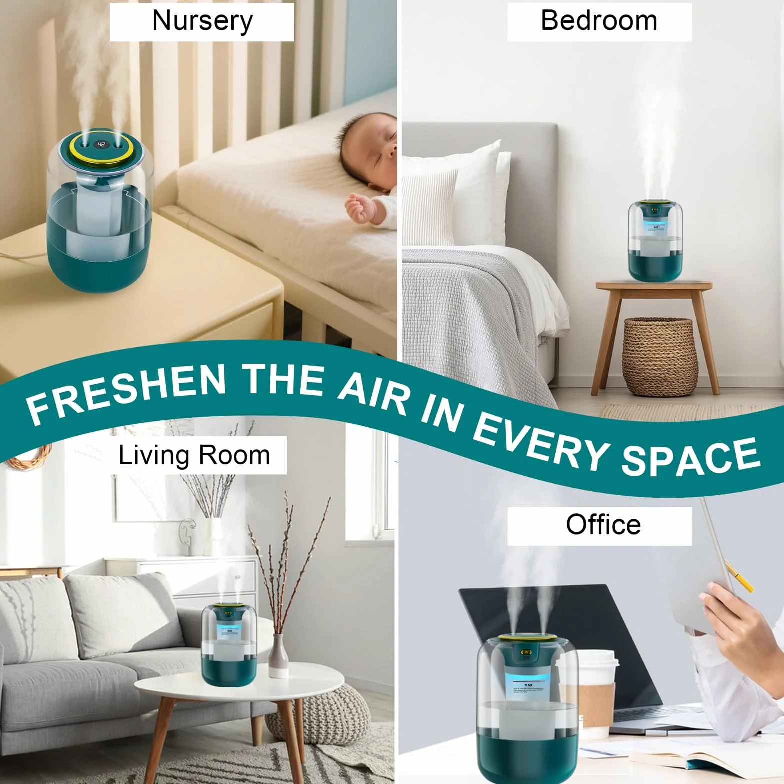 Humidificadores de 2.2 L para dormitorio, humidificadores de niebla fría con temporizador, perilla digital, humidificador pequeño silencioso de 26 dB para bebé, guardería y plantas con luz nocturna