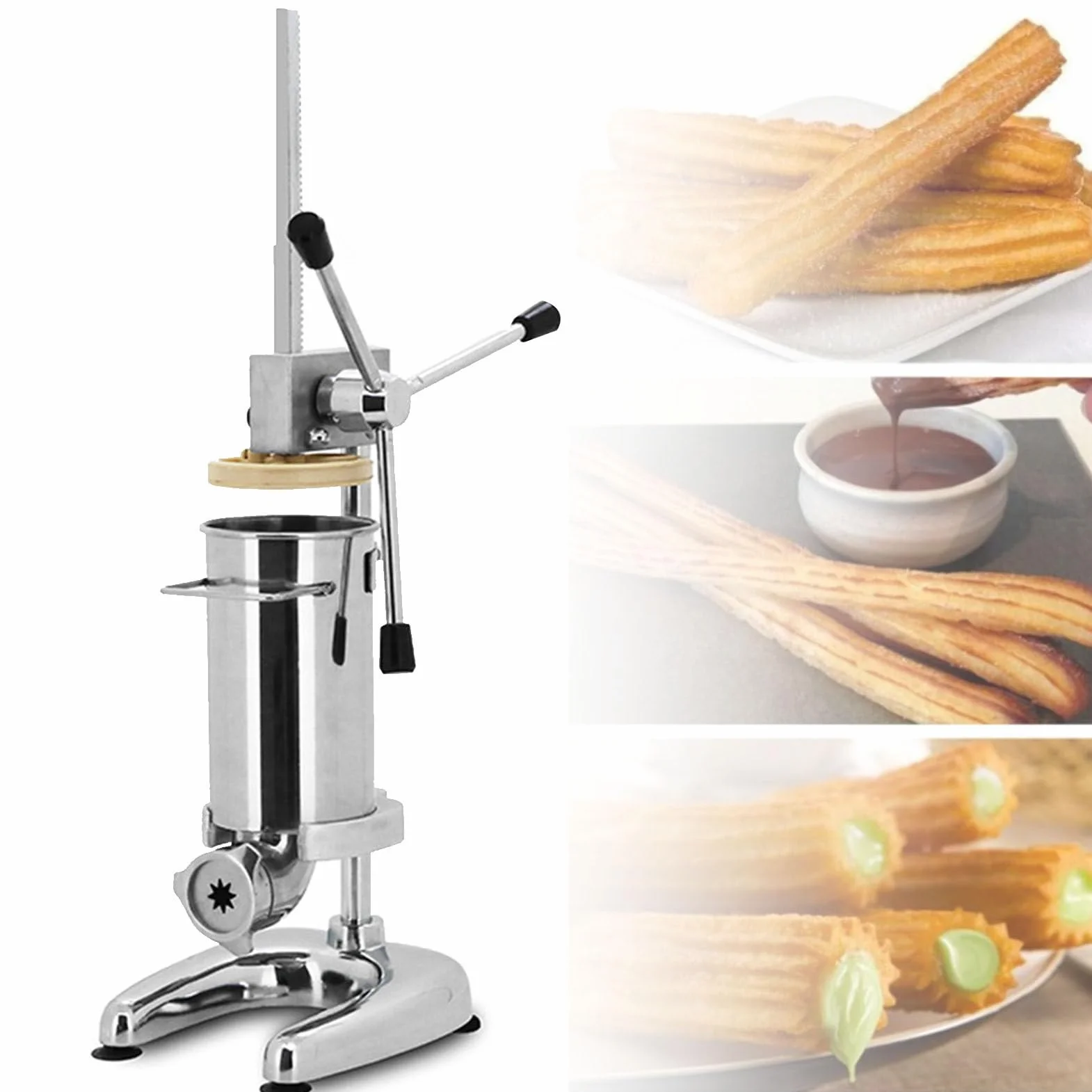 Máquina para hacer churros manual, comercial 2L 3L Manual Español Donut Churrera Churro Maker Machine con 5 tipos de moldes, Máquina para hacer churros española vertical de acero inoxidable,2L