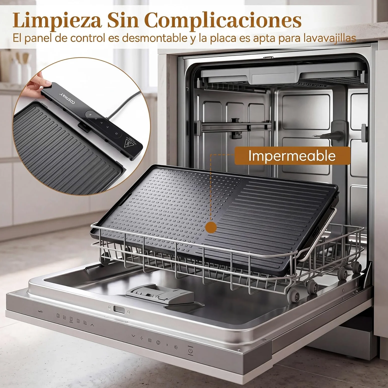 COSTWAY Plancha Eléctrica 1500 W, 60 x 28cm, Temperatura Ajustable | Parrilla Cocina con Antiadherente Extraíble, Asas Frías al Tacto y Patas Plegables, para Hogar, Picnic