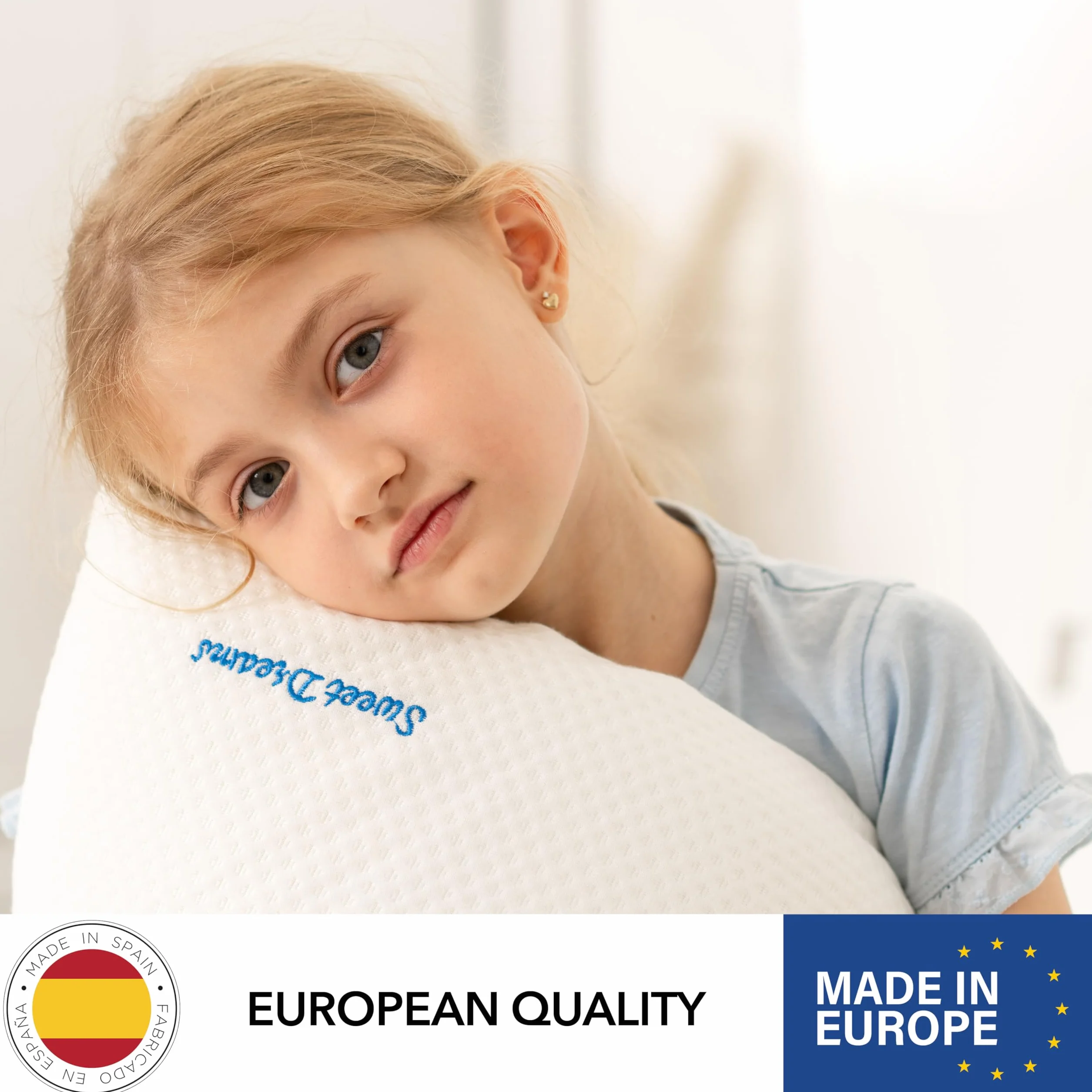 Almohada Infantil Viscoelástica 90 x 35 x 6,5 cm Ergonómica e Hipoalergénica Hecha en España Almohada Plana para Niños a Partir de 3 Años con Funda Stretch con Viscosa