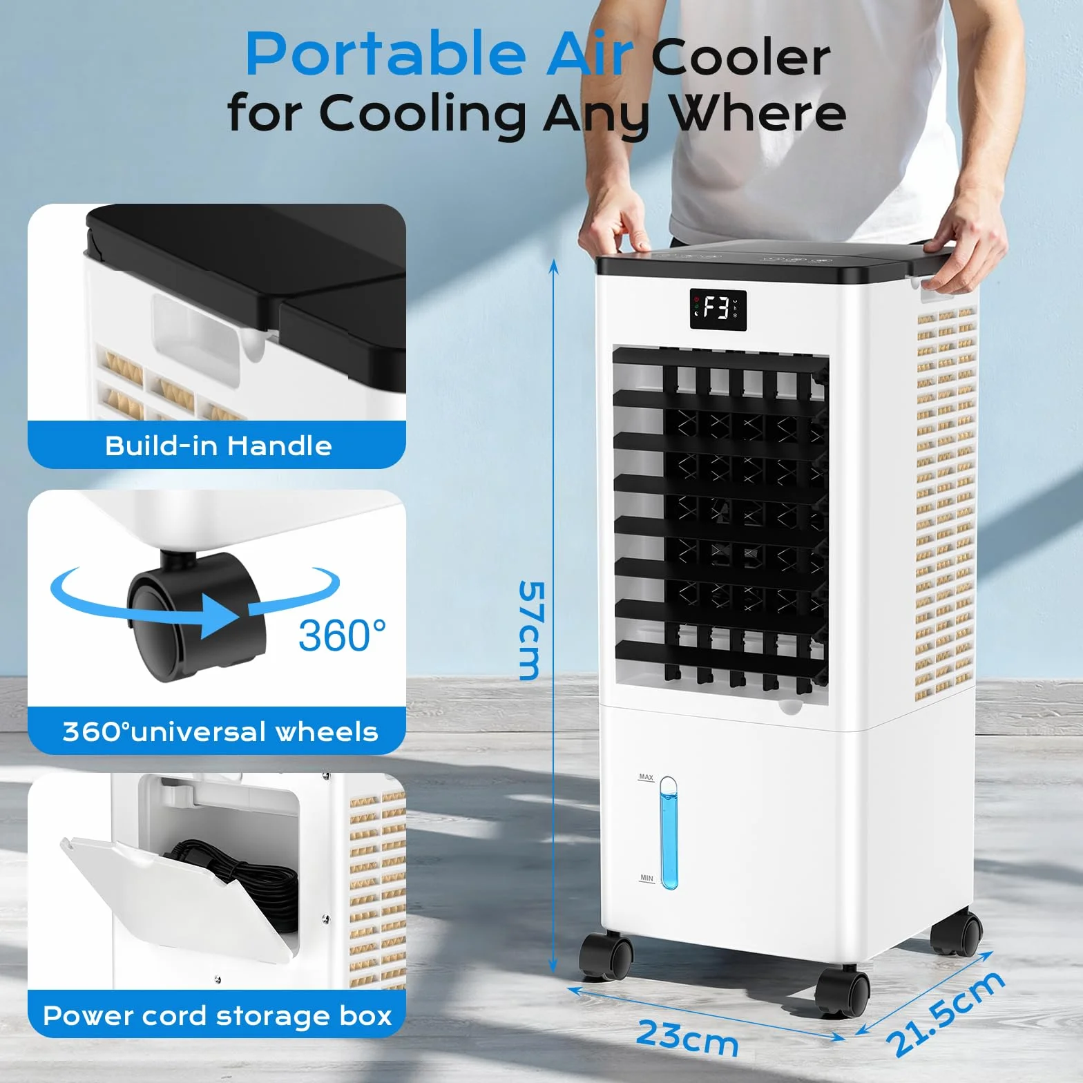 Aire Acondicionado Portátil Silencioso, Enfriador de Aire sin Tubo 4 en 1, 4 Modos 3 Velocidades, 60W Climatizador Evaporativo, Temporizadores de 1-12 H con Control Remoto, 4 Ruedas para Hogar Oficina
