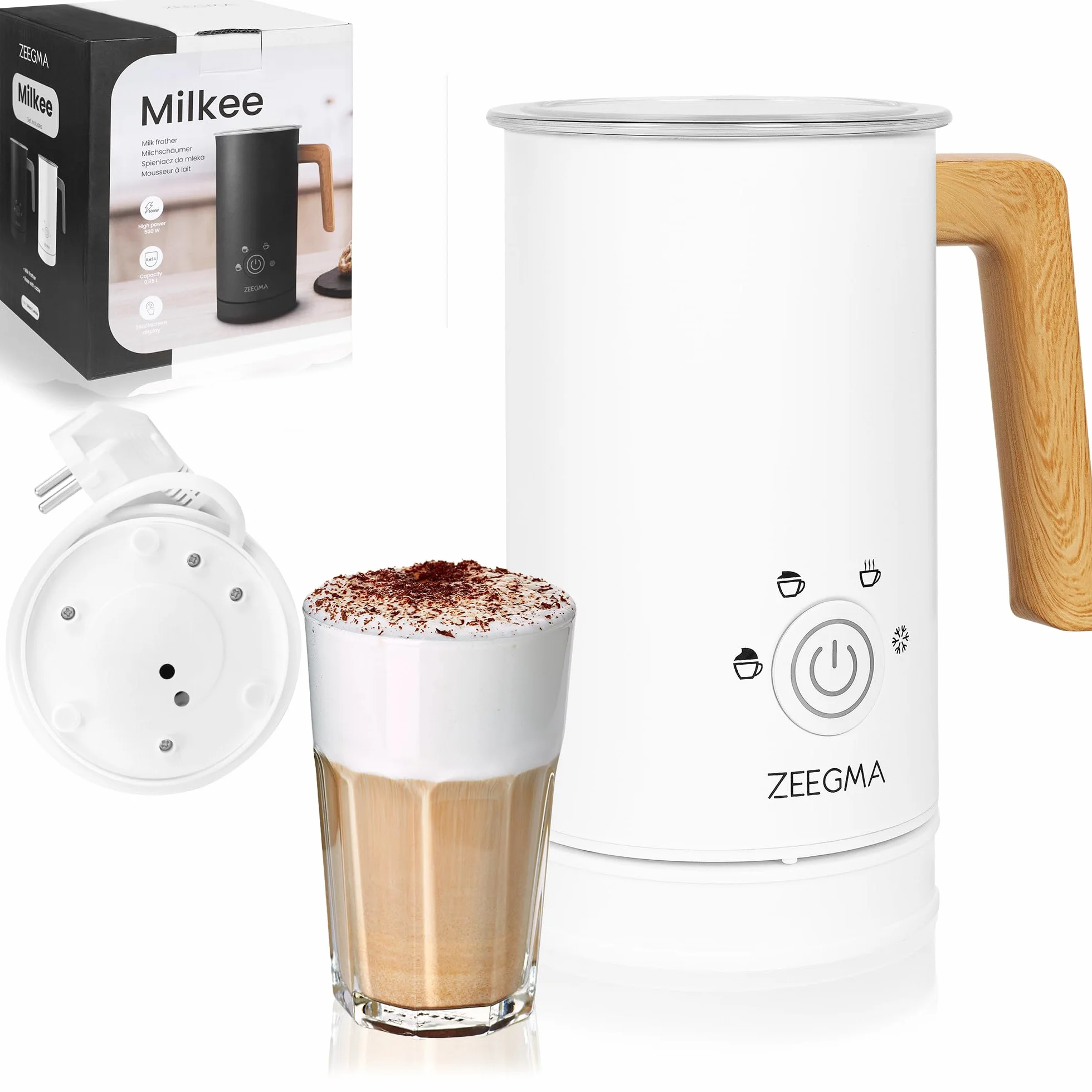 Zeegma Milkee - Espumador de Leche Eléctrico Milkee 650ml, Potencia de 500W, 4 Modos para Espumar y Calentar, Diseño Moderno con Mango de Madera, Fácil de Limpiar, Revestimiento Antiadherente - Blanco