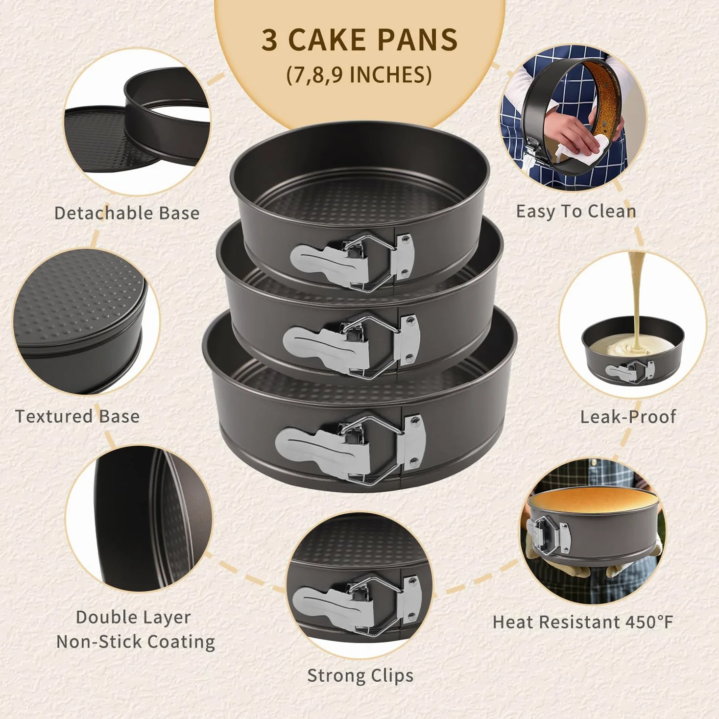 Moldes redondos para tartas de 7/8/9 pulgadas, antiadherentes, moldes redondos para tartas de queso con 100 forros de papel pergamino, 16 boquillas, 3 raspadores