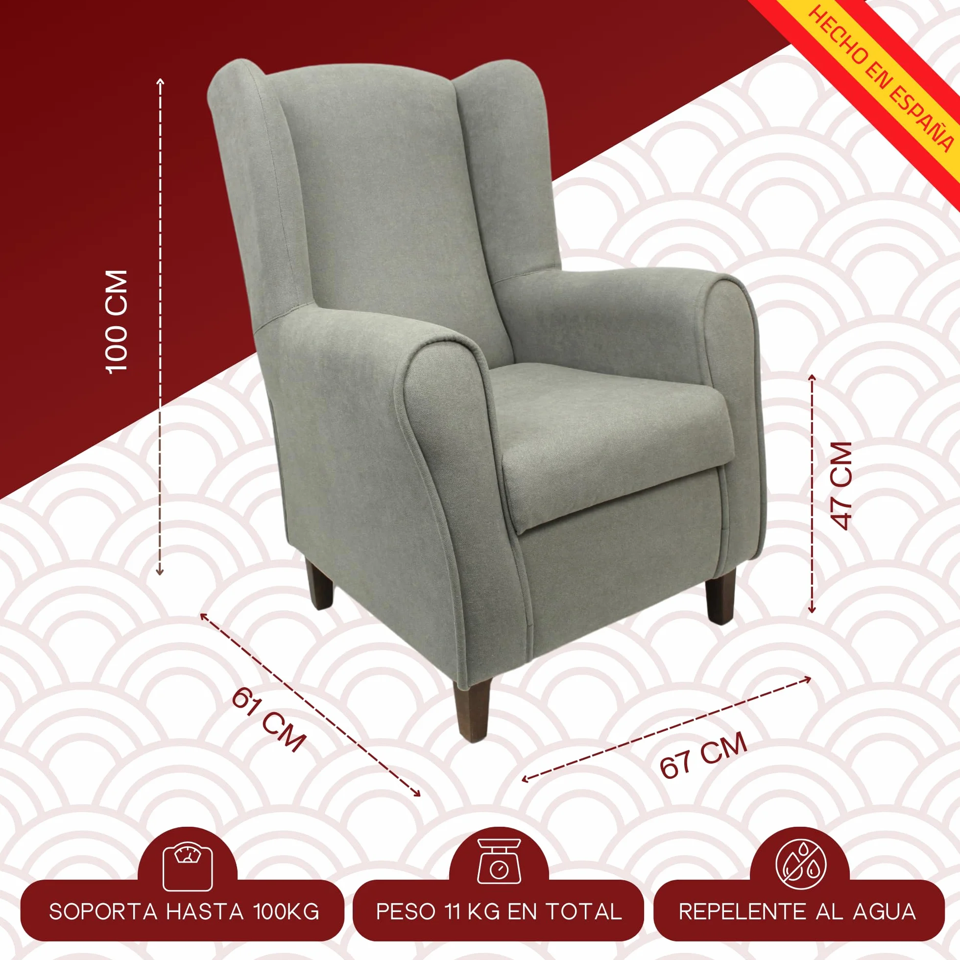HOME DESIGN & CONFORT® Sillón Orejero con Tela Antimanchas para Dormitorio, Salón, etc | Butaca Orejero Fabricado en España (Gris)