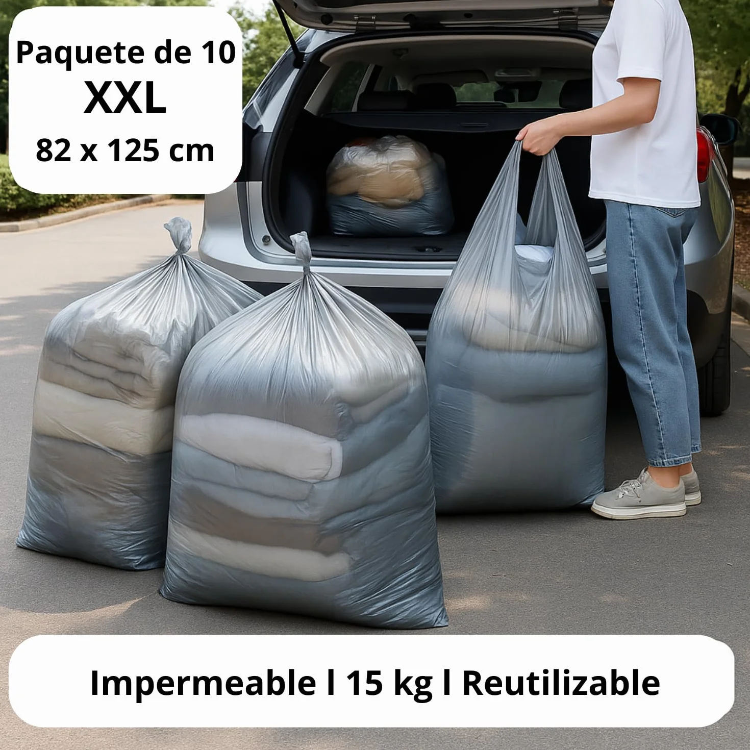 Lot de 10 bolsas de almacenamiento para ropa XXL 82×125 cm – Impermeables, resistentes PE – Bolsas de mudanza de gran formato con asas – Para edredones, almohadas, juguetes – Carga máxima 15