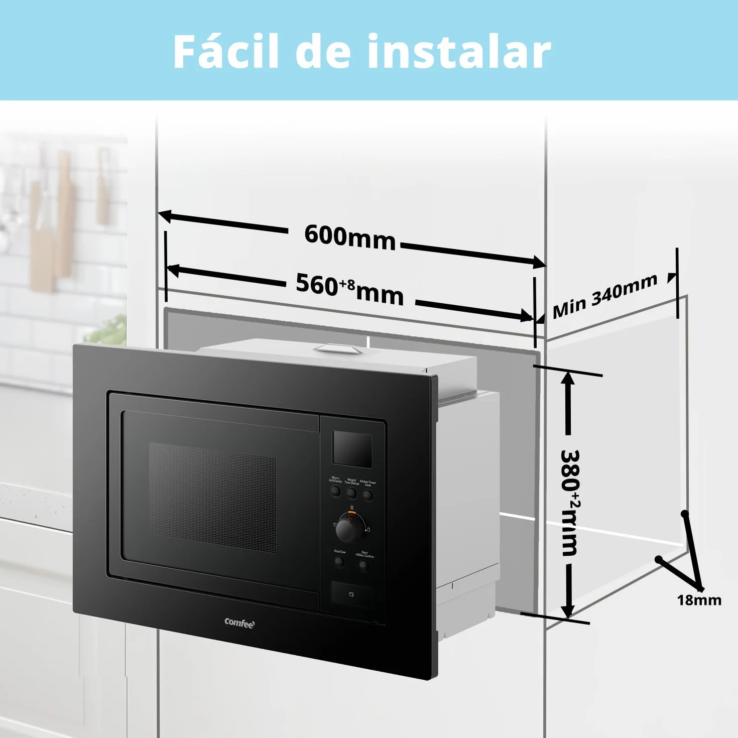 COMFEE' CBMAG820BJL-BK Microondas empotrado de 20 litros con grill, controles digitales, 8 niveles de potencia, descongelación rápida y 8 menús automáticos, color negro Visita la tienda de Comfee