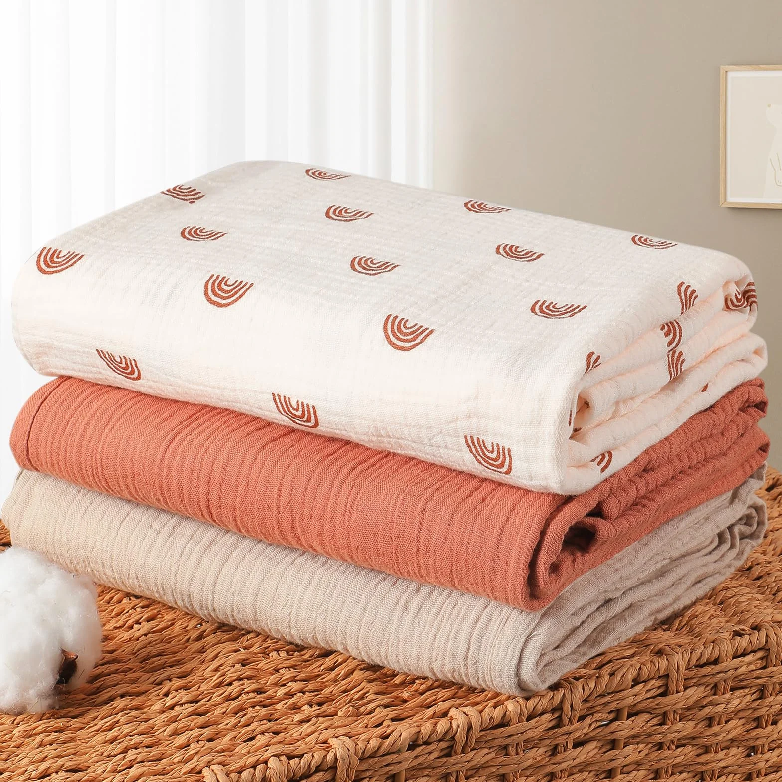 Muselina Manta Bebé 100x100cm, 3 Piezas Grande Mantas Swaddle de Muselina de Algodón, Suave & Respirable Manta Envolvente Bebe para Recién Nacidas, Unisexo (Arcoíris)