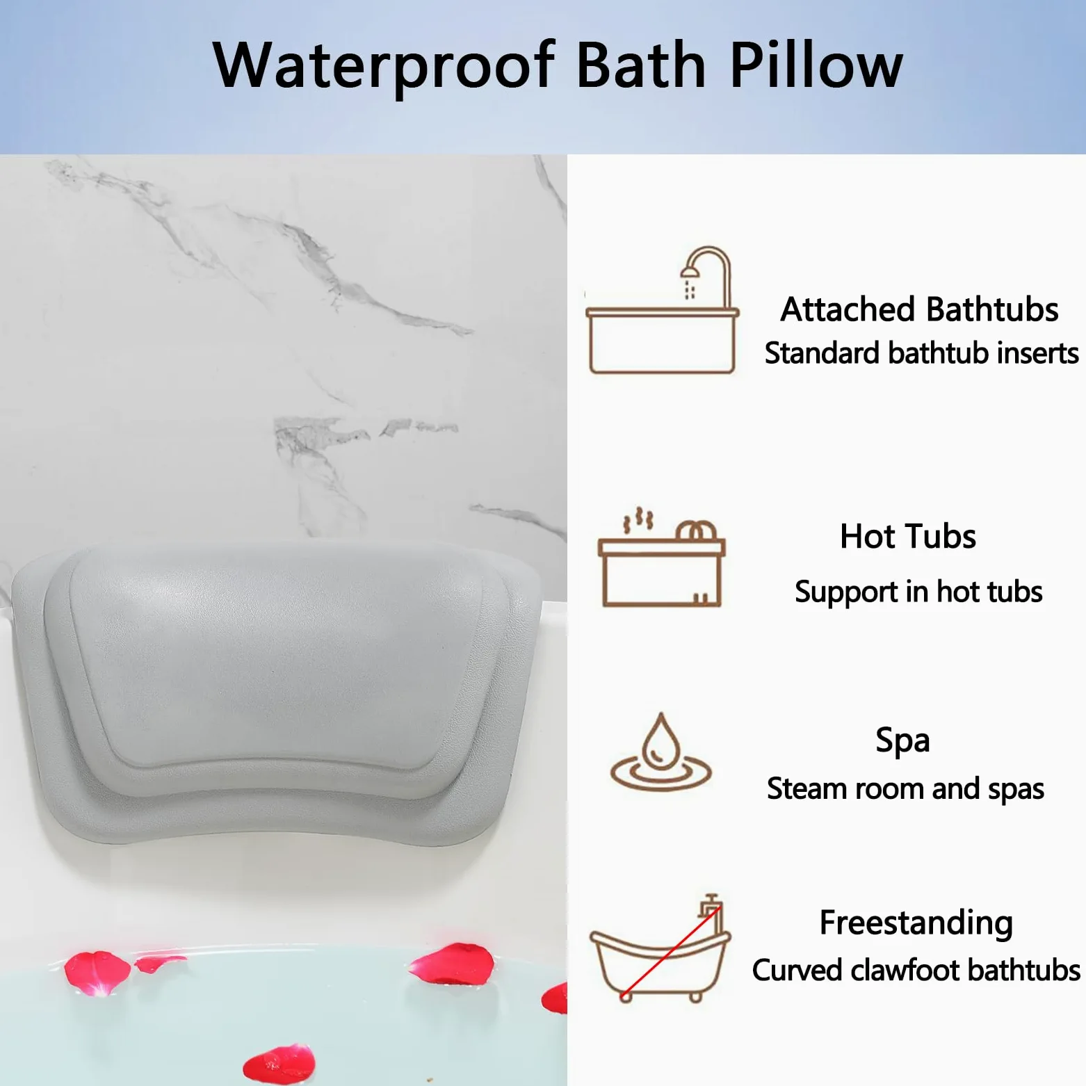 Lonkenn Almohada Bañera, Almohadas de Baño con Ventosas, Almohada Bañera Ergonómica, Waterproof Bath Headrest Bathtub para Todas Las Bañeras, SPA en Casa Bañera de Hidromasaje-Gris