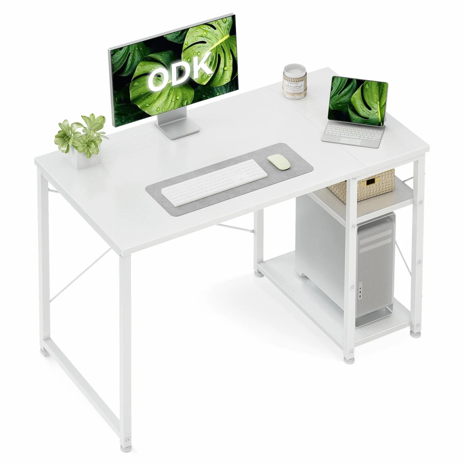 ODK Escritorio con Estantería Reversible, 100x48cm Mesa Escritorio con Estantes de Almacenamiento, Mesa Oficina Mesa Ordenador para en Casa, Estudio y Gaming, Blanco