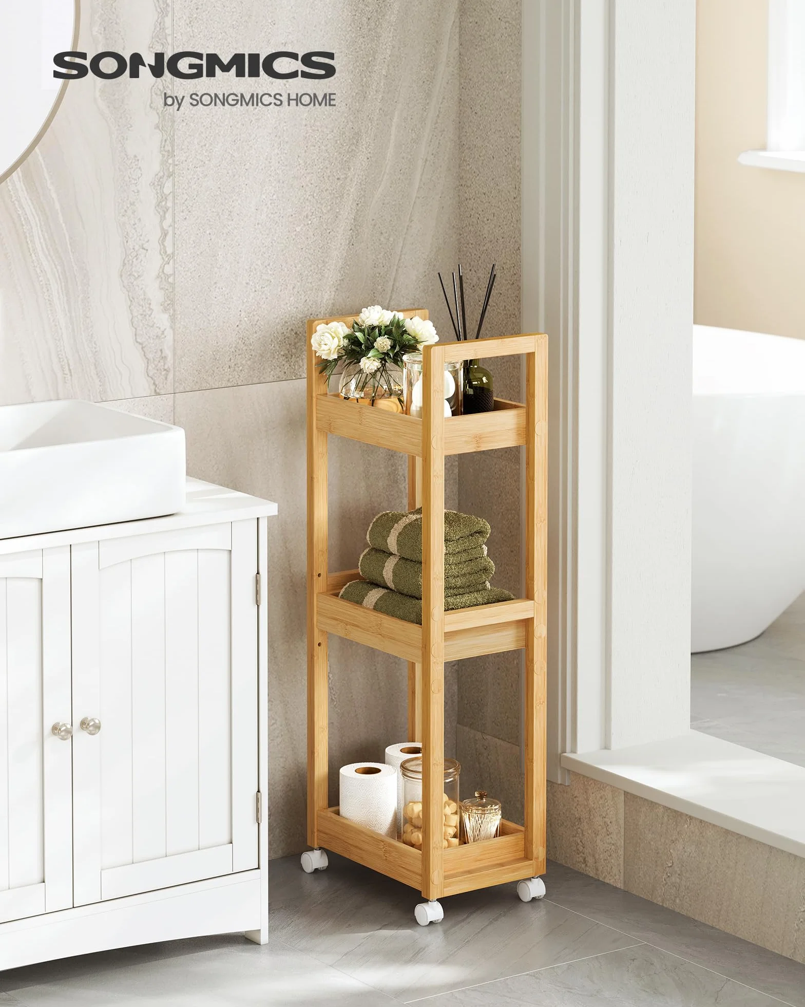 SONGMICS Carrito de Baño 3 Niveles Bambú Estrecho con Ruedas 20x30x80 cm Beige Natural