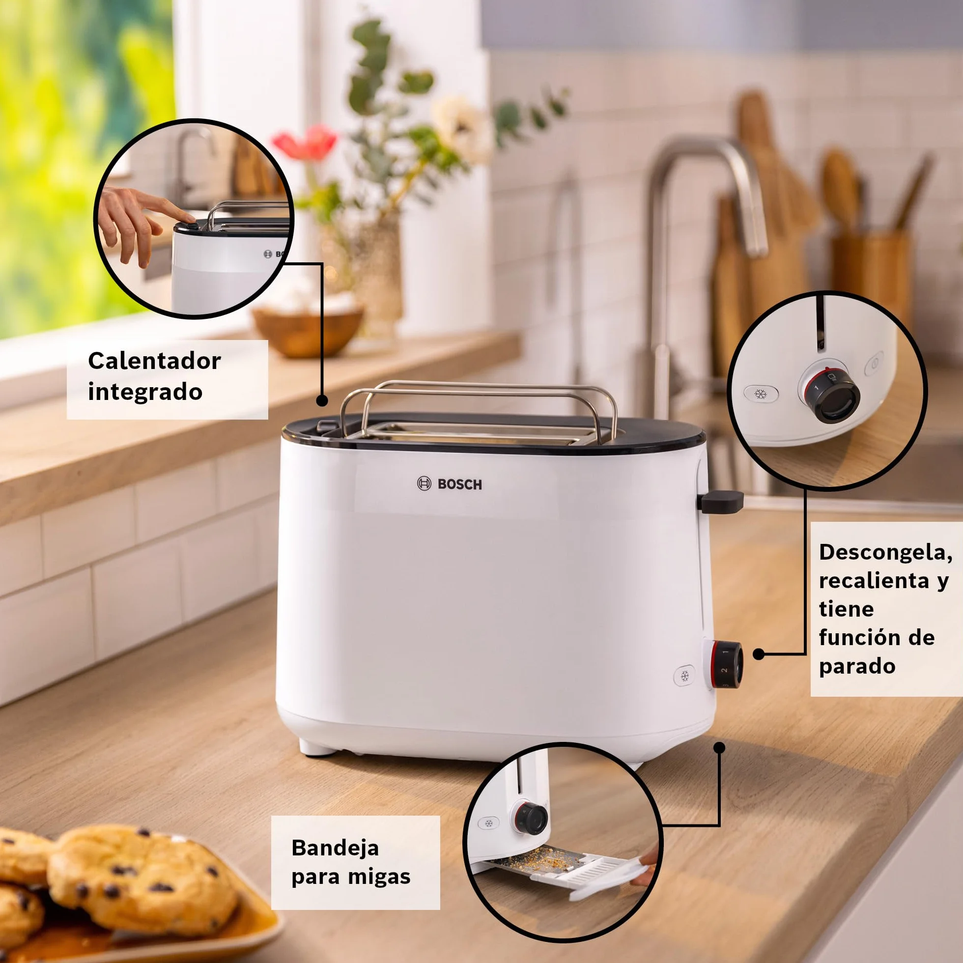 Bosch - Tostadora, MyMoment, 2 ranuras, Recalienta, Descongela, High-lift, Blanco, TAT2M12