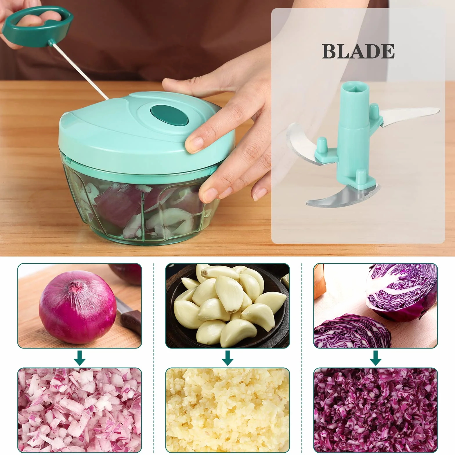 Cambom - Picador manual de alimentos, con cuerda para tirar de verduras, cebollas, material seguro para alimentos sin bisfenol A (2 tazas)