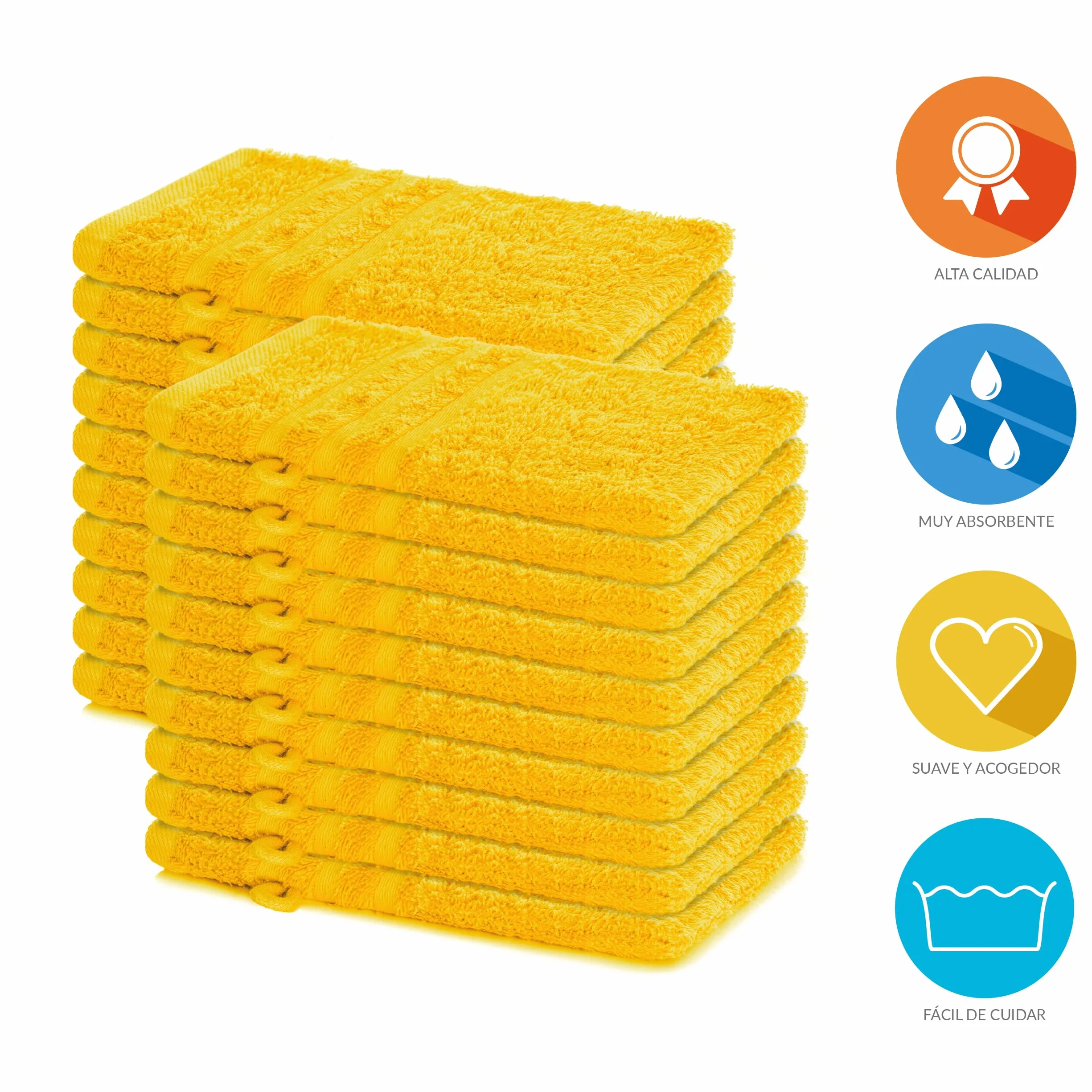 Lavea® Juego de 20 Guantes de Baño 15x21 cm de Rizo 100% Algodón - Suaves y Absorbentes – Manopla de Baño con Gancho para Casa, Hotel y SPA - Amarillo Colza