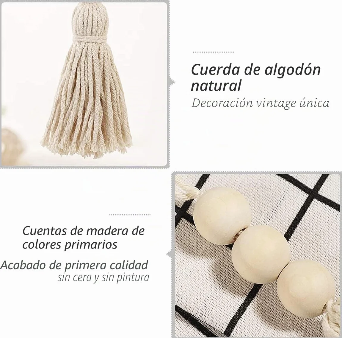 LATRAT Lote de 4 piezas de perlas con pompones de madera para tirador de armario - Decoración mural decorativa - Pompón - Colgante para armario, porche