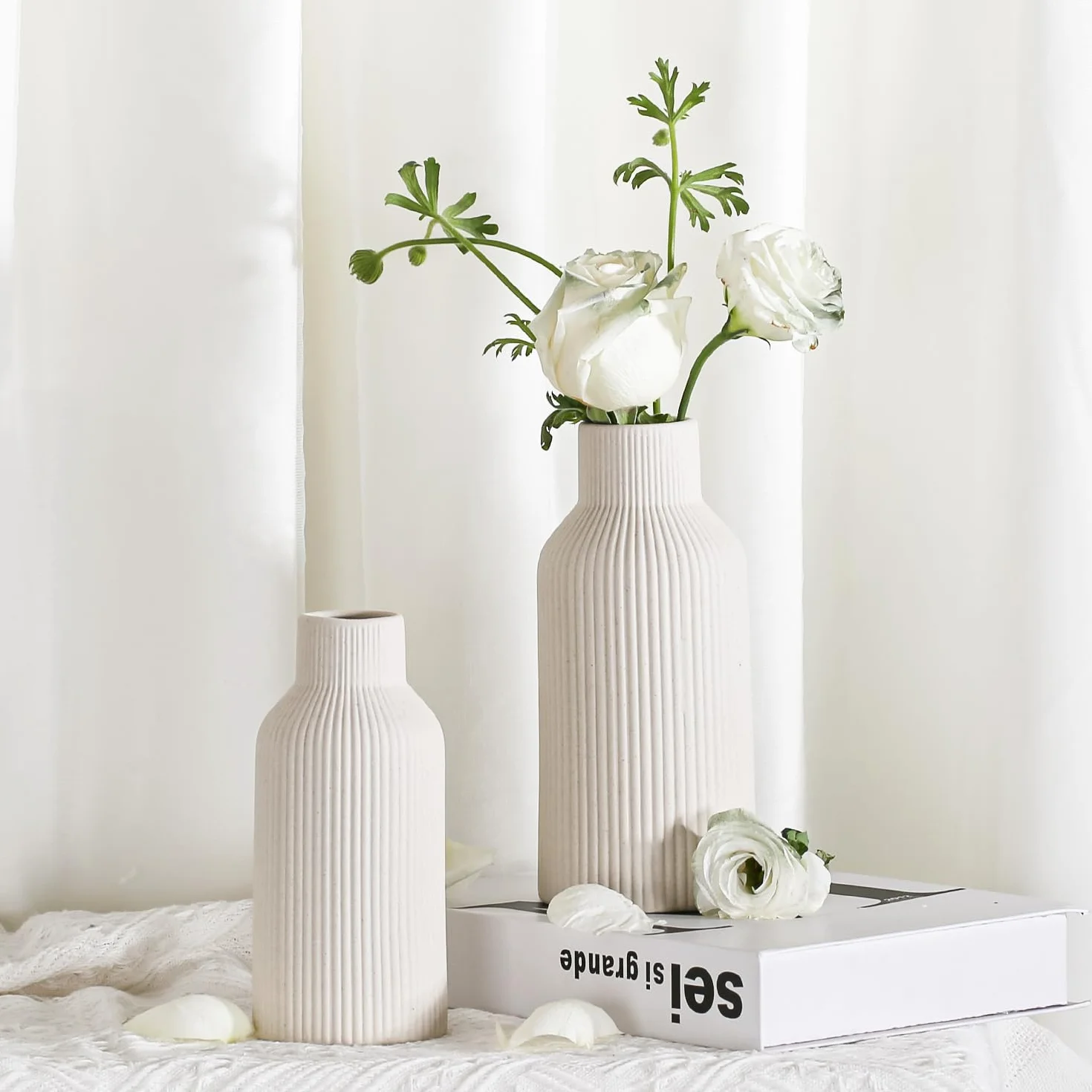 Jarrón para Hierba de Las Pampas, 20 cm, Cerámica Negro Mate, Redondo, Diseño Moderno, Bohemio para Decoración, Flores, Salón, Dormitorio (Beige)