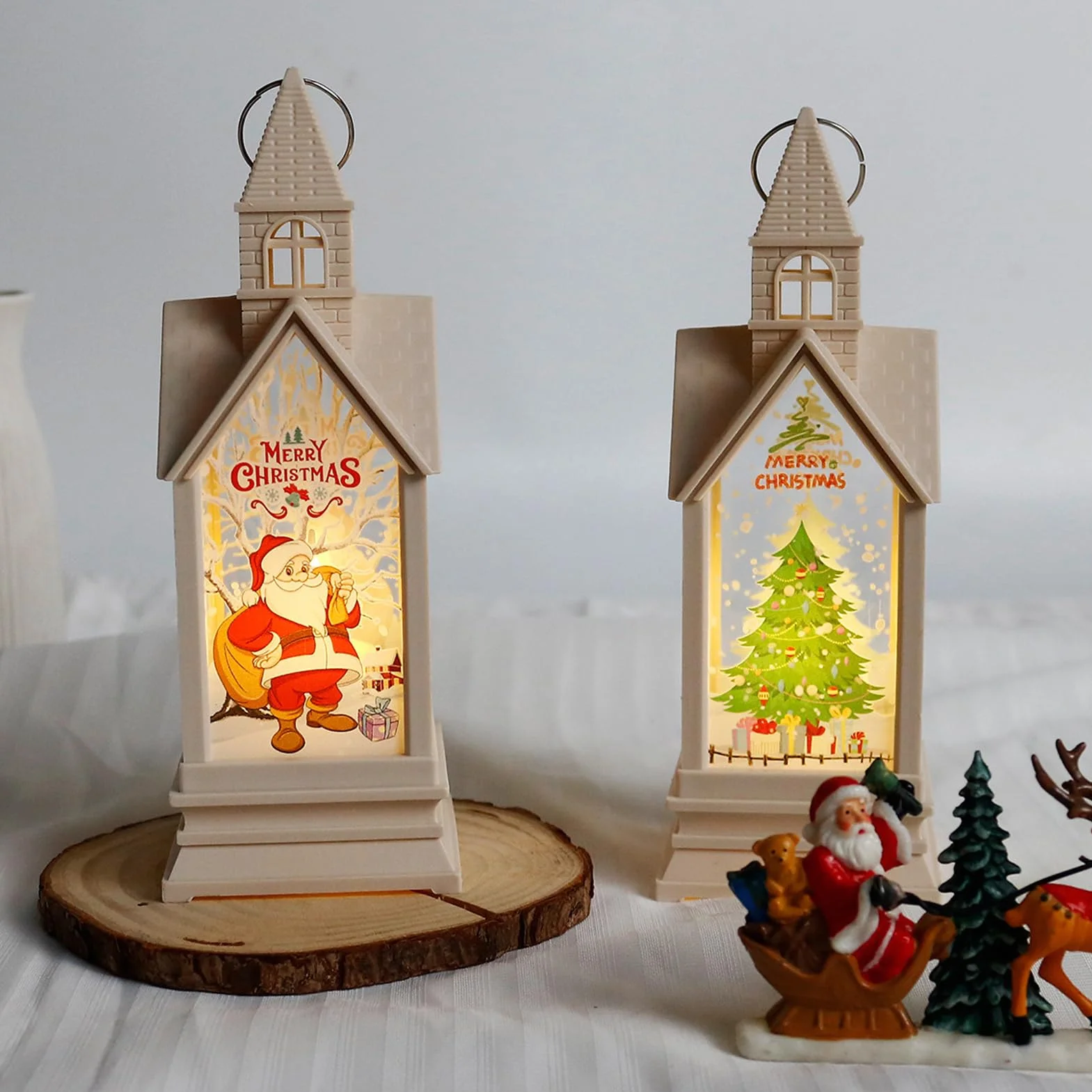 4 farolillos de decoración navideña, farolillos para decoración navideña, farolillos de Navidad con reno y árbol de Navidad, farolillos de Navidad con luz LED blanca cálida, farolillos para decoración