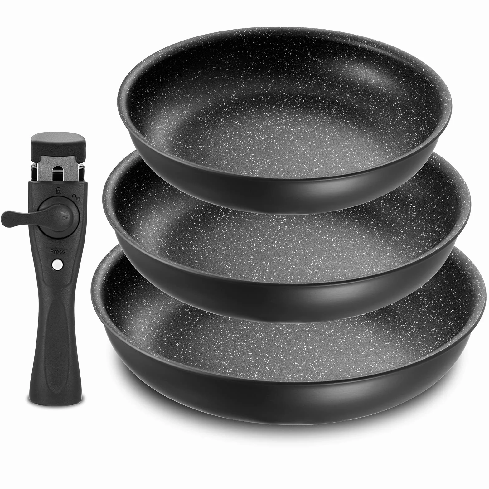 Fadware Juego de Sartenes Antiadherentes con Mango Extraíble, Sartenes para Inducción y Todo Tipo de Cocinas, Apilables para Ahorrar Espacio en Cocinas Pequeñas y Campers, Aptas para Horno hasta 230°C | Sartenes para Todo Tipo de Fuegos, Apilables para Ah