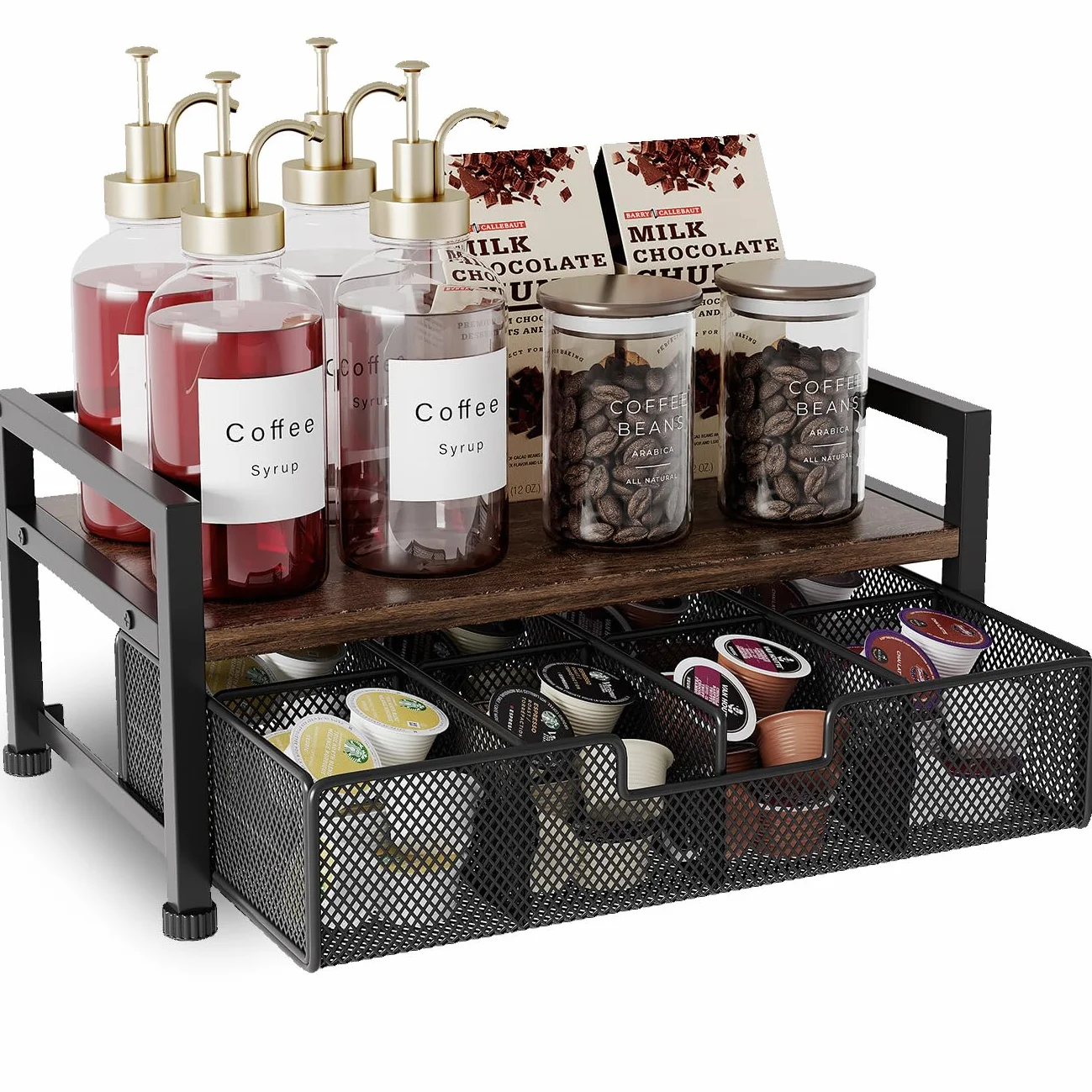 Soporte Metálico para Bolsitas de Té con 8 Compartimentos,Caja Te Organizador de Infusiones con Cajón,Negro