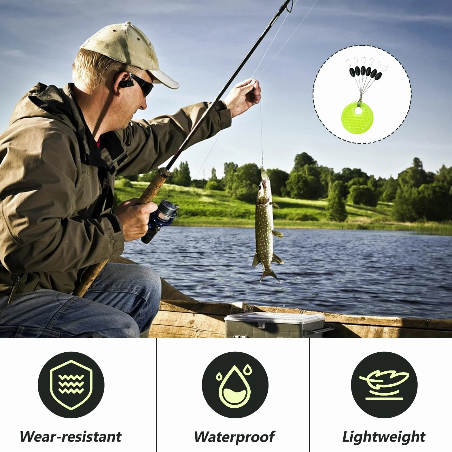 Topes de Goma para Pesca 150 Piezas 6 en 1, Perlas Flotador Ovalado para Líneas 0.1-0.43 mm