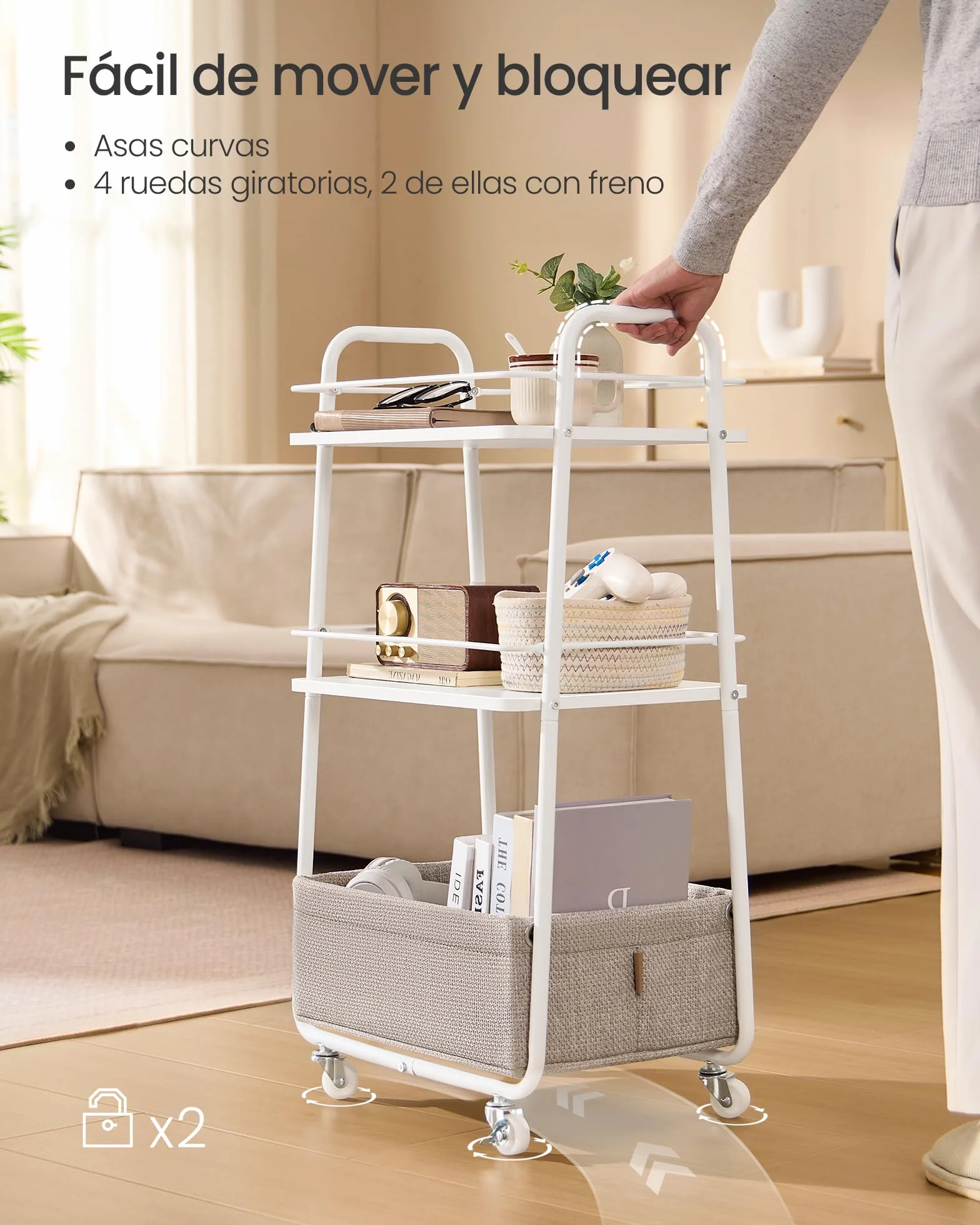 VASAGLE LILEA Colección - Carro de Almacenamiento con Cesta de Tela, Carrito de 3 Niveles con Ruedas, Organizador para Salón, Dormitorio y Cocina, Blanco Nube y Marrón Camello LRC001WB01