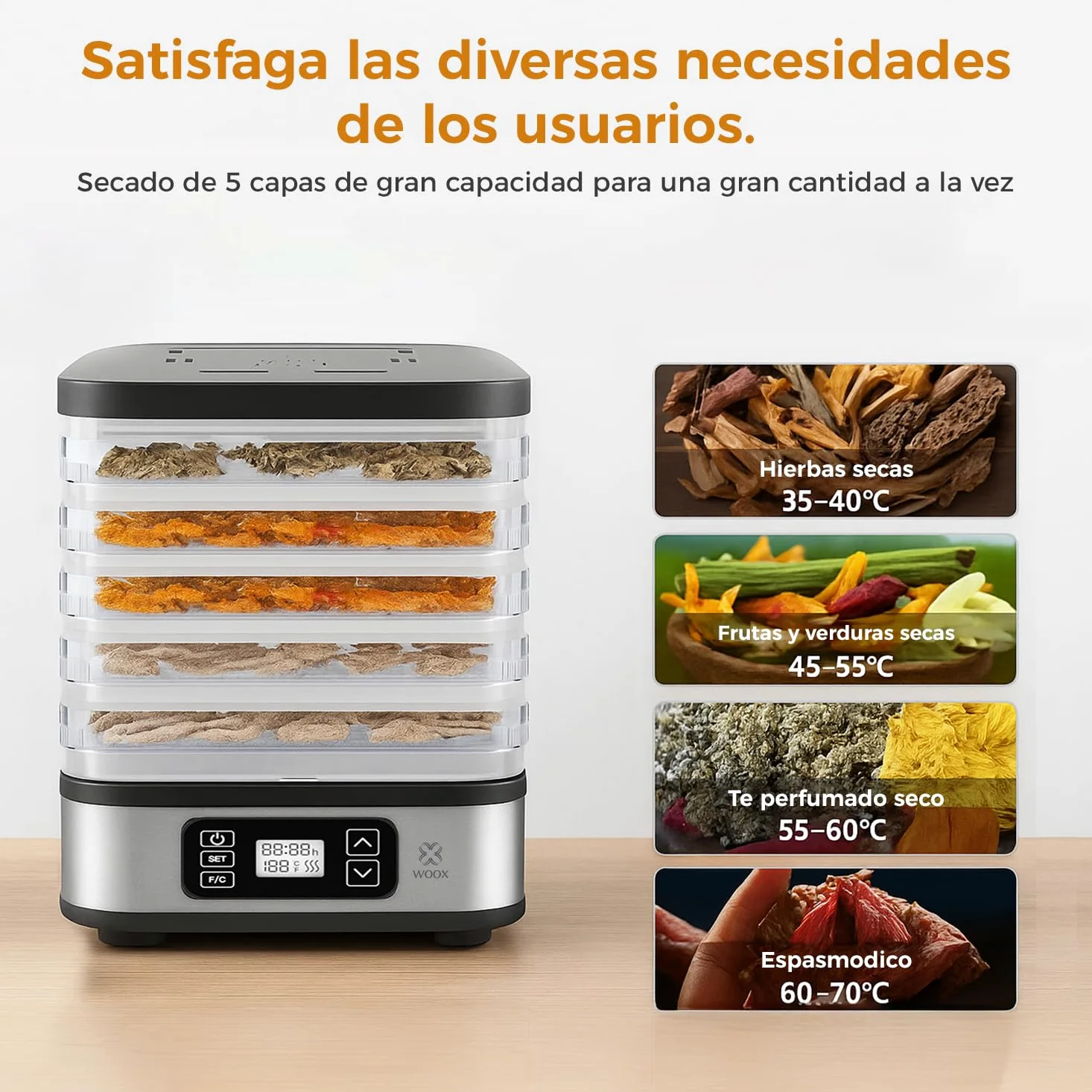 WOOX Deshidratador de Alimentos 240W, Deshidratador con 5 Bandejas Altura Regulable, Pantalla LED, Temporizador 99H y Temperatura Ajustable, Deshidratadora de Frutas y Verduras, Sin BPA