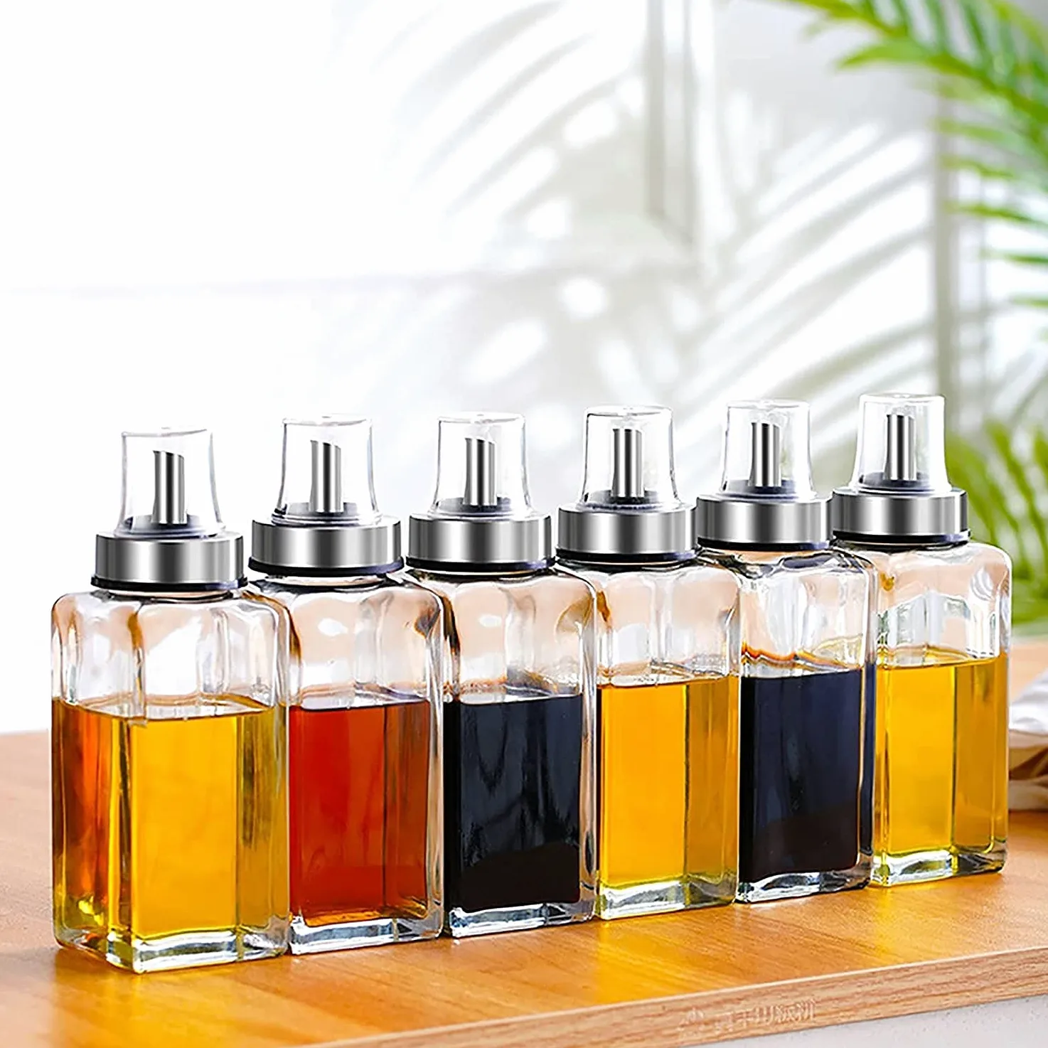 Botellas dispensador de aceite de oliva de vidrio de 300 ml, aceite de cocina y vinagre cruet, cocina, acero inoxidable de la casa tres tipos de boquillas pequeñas botellas de condimento, 3 pack