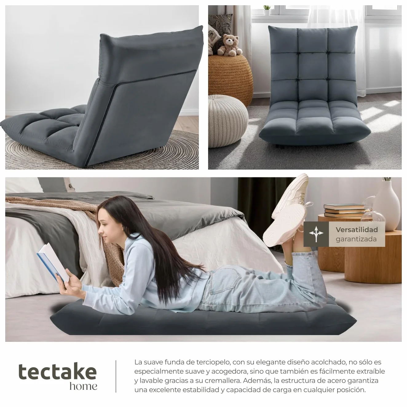 tectake® Sillon Plegable Lectura, Silla de Suelo Ajustable para Tatami, Terciopelo, Respaldo Flexible en 14 Posiciones, Sofa Suelo de Estructura de Acero, Silla Yoga, cómodo cojin de Suelo - Gris