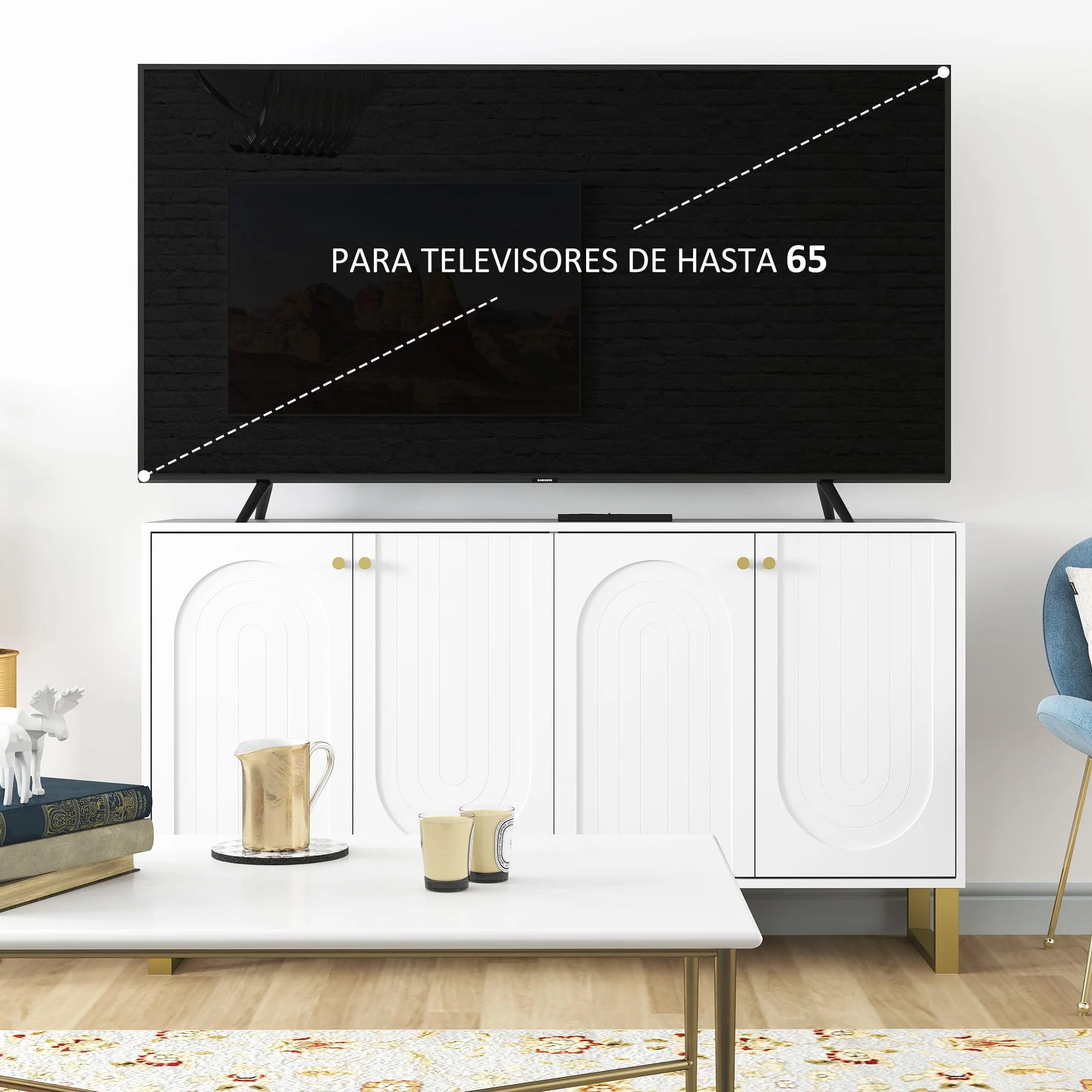 HOMCOM Aparador 4 Puertas Aparador para Salón Moderno con Estantes Ajustables y Patas Doradas para Comedor Entrada Mueble para TV hasta 65 Pulgadas Blanco 140,8x35x77,5 cm