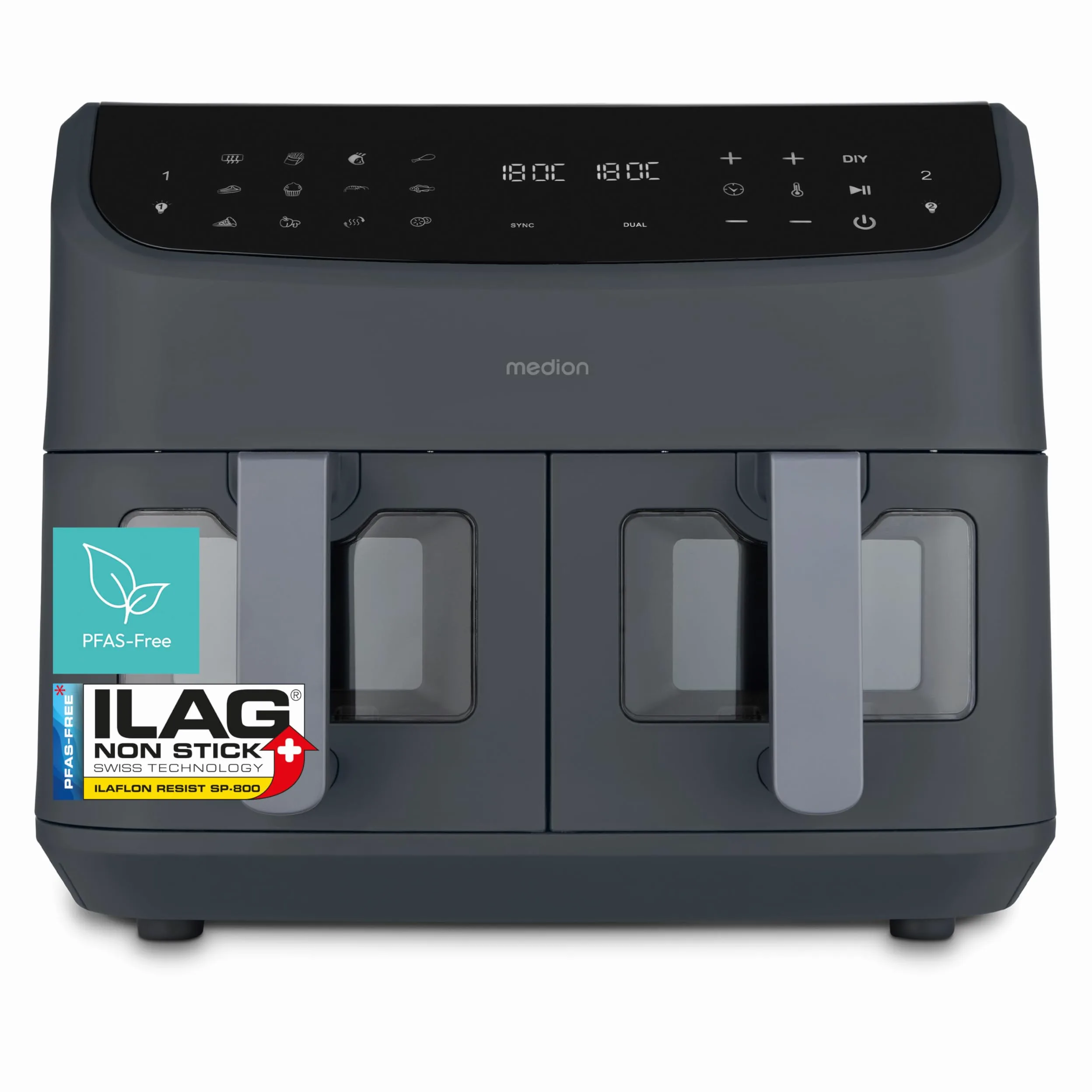 MEDION P20 XXL Freidora de Aire Doble Cesta MD11760 Gris Mate | 8,7 L, 2600 W, 10 Programas, 2 Cajones, Ventana, Air Fryer Dual XXL