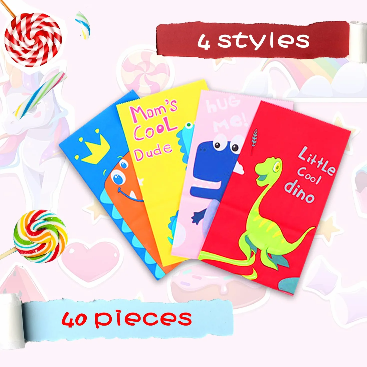 OPPLESIN Bolsas Chuches Cumpleaños Infantil,40 PCS Bolsas para Chuches de Dinosaurios con 48 Pegatinas para Regalos, Fiestas Infantiles, Bolsas Cumpleaños Infantil (13 * 8 * 24cm)