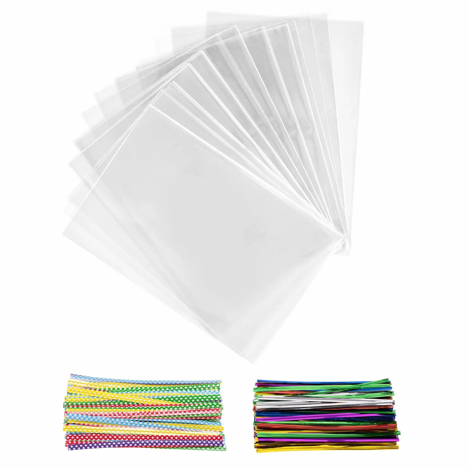 200 bolsas de celofán, 25 x 15 cm, bolsas transparentes para rellenar, bolsas transparentes con 200 cintas metálicas para caramelos, galletas, pan, frutas, etc. Perfecto para fiestas de regalo