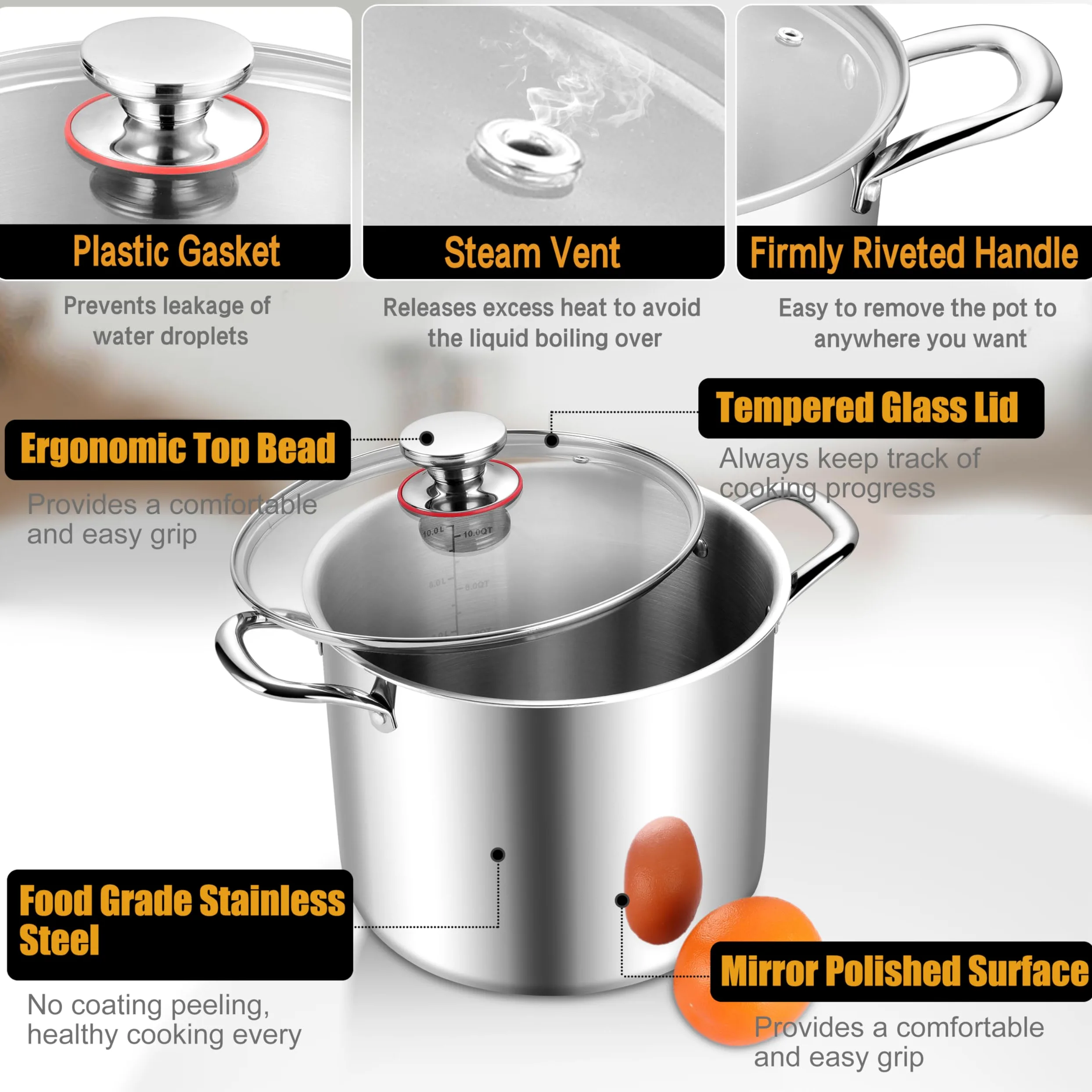 Joyfair Olla grande de acero inoxidable de tres capas de 10 L con tapa de vidrio, inducción, gas, cerámica, eléctrica, halógena, para cocinar a fuego lento, asas remachadas y fácil de limpiar