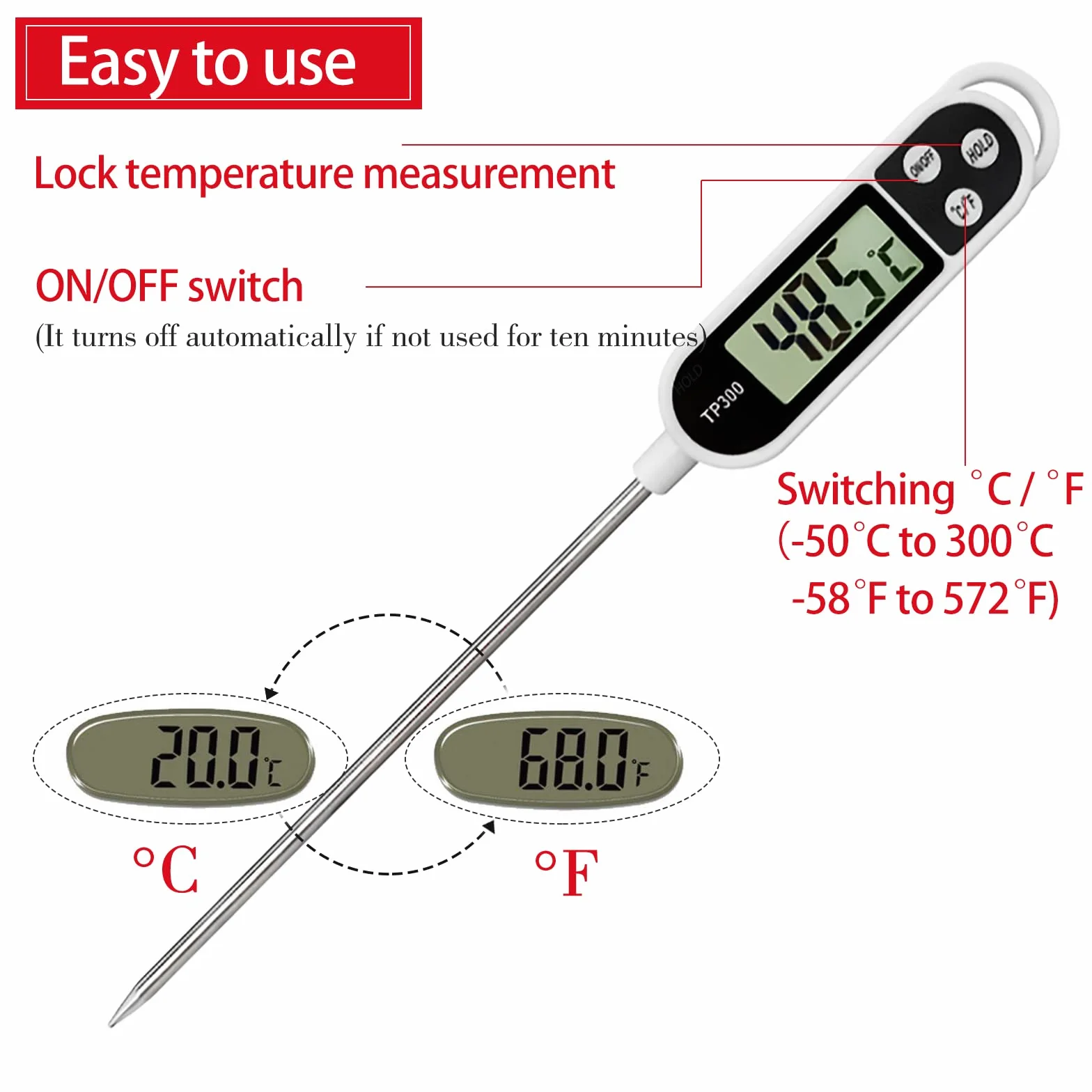 Termómetro cocina Termómetro Digital de Cocina,termometro agua bebe 3S Lectura Instantáne Pantalla LCD Retroiluminada&Calibration Termometro Alimentospara BBQ Comida Leche Agua Caramelo Líquido