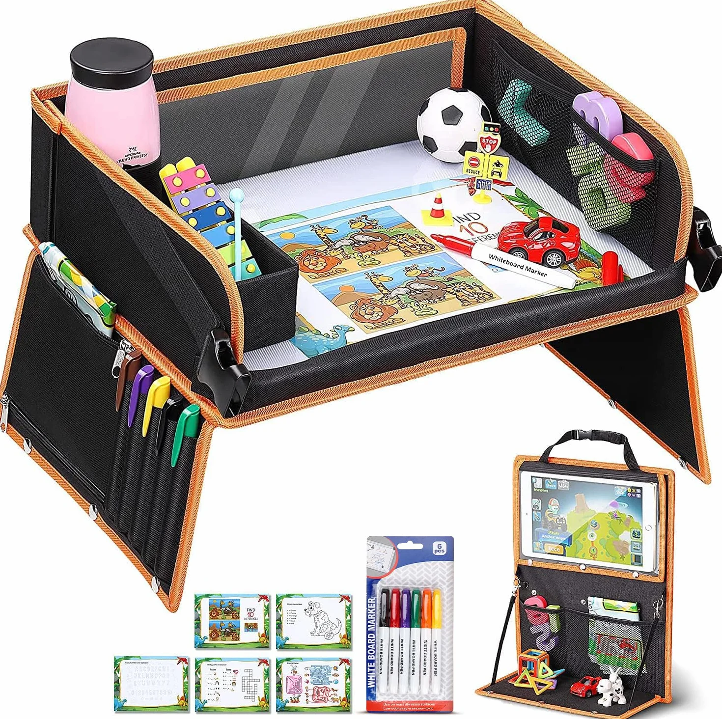 lenbest Mesa de viaje para niños de doble función, bandeja para las rodillas (protección del respaldo del coche) con película transparente, 5 placas de dibujo y 6 lápices de colores, negro/naranja