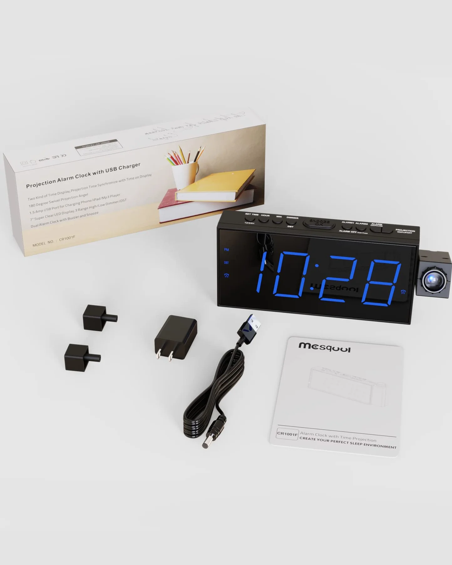 Reloj Despertador de Proyección Digital para Techo de Dormitorios, Reloj con Proyector, Atenuador y Pantalla LED, Timbre Ajustable, Alarmas Duales para Pared, Niños, Personas Mayores con Sueño Pesado