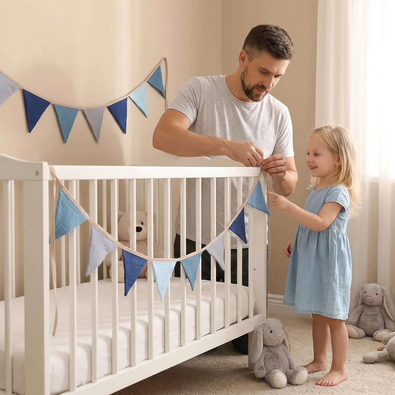 Guirnalda de banderín de algodón suave, guirnalda de banderines de gasa para decoración de habitación infantil, cama de casa y pared de fiesta, ideal como regalo perfecto (azul)