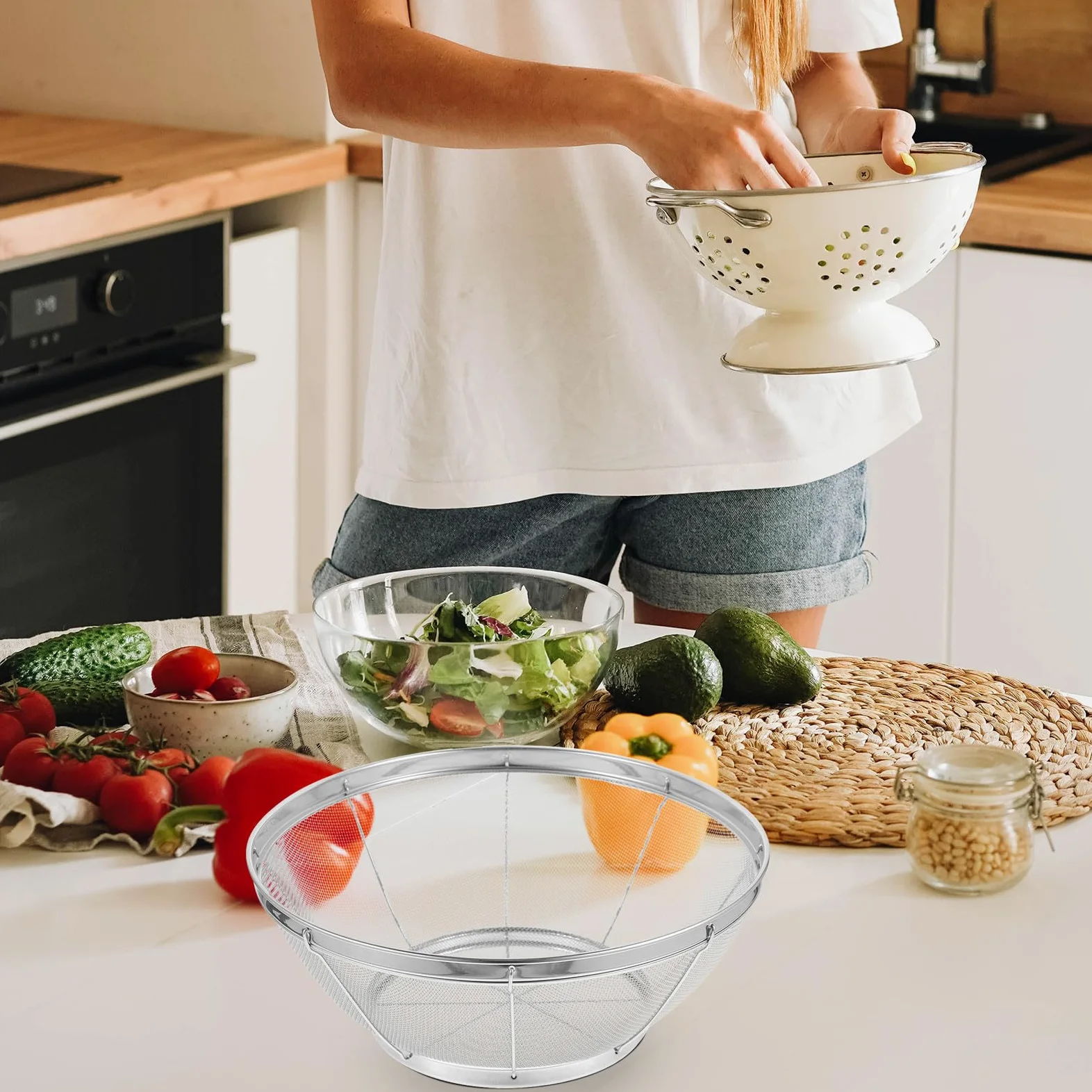 jojofuny Coladores de Cocina de Acero Inoxidable 5 Piezas Malla Fina Redonda Resistentes a Deformación para Lavar Frutas y Arroz en Cocina