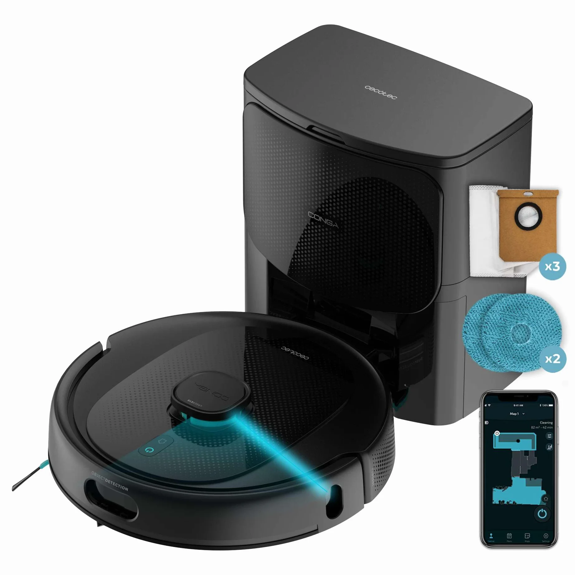 Cecotec Robot Aspirador Conga 9990 AI Spin Revolution Ultra Power Home, 10.000 Pa, Navegación láser, Base de autovaciado, Inteligencia Artificial, Evita Objetos, Control App, 240 min Autonomía