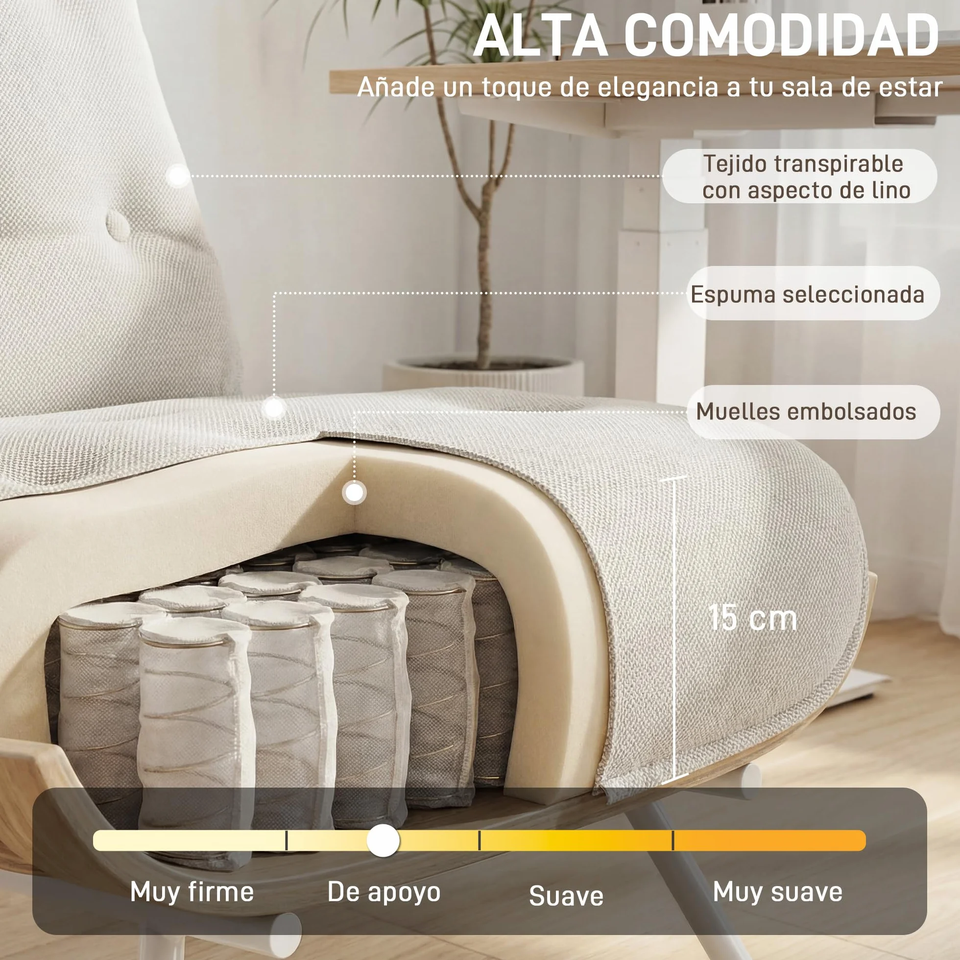 HOMCOM Butaca de Salón, Tapizado en Lino, Sillón Lectura con Asiento Acolchado, Soporte con Listones, Estructura de Acero, Butaca para Sala de Estar, Dormitorio, Crema