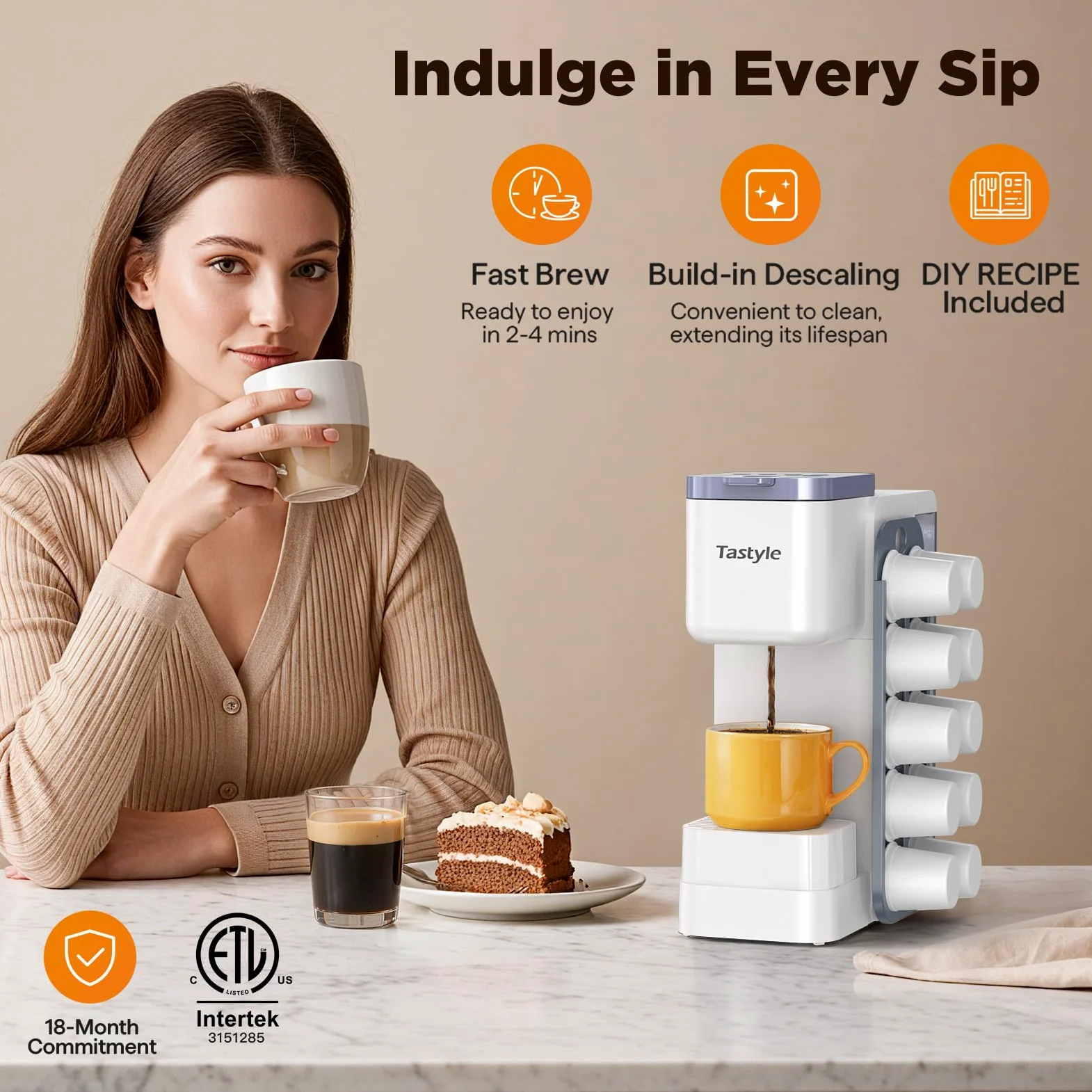 Tastyle - Cafetera caliente y helada con organizador de cápsulas K (no incluido), almacena 10 cápsulas, 4 a 5 tazas de cafetera y cafetera de una sola porción, compatible con K Cup y molido
