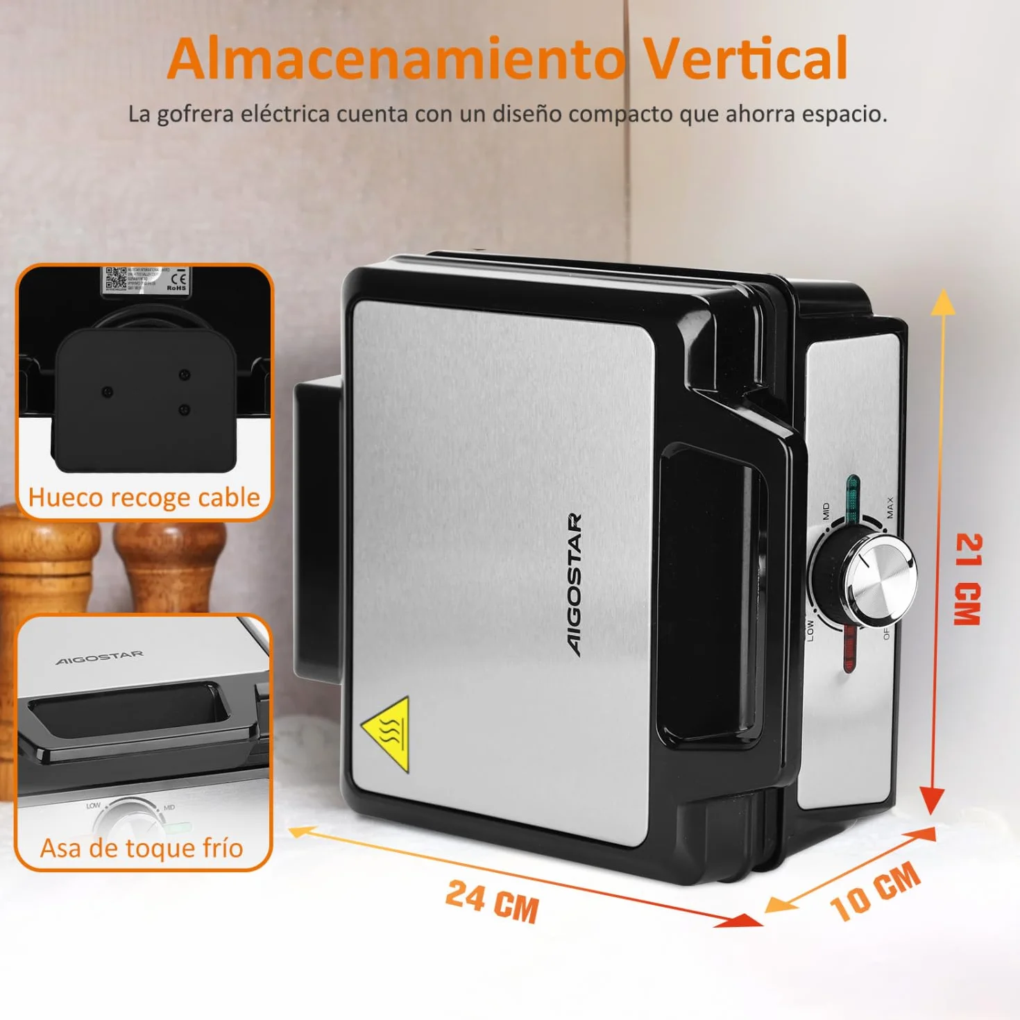 Aigostar Gofrera para 2 Gofres 1600W, Placas Hondas Antiadherentes, 20,2x17,2x2 cm, Temperatura Regulable e Indicador LED, Diseño Compacto, Libre de BPA, Acero Inoxidable y Negro, Savory