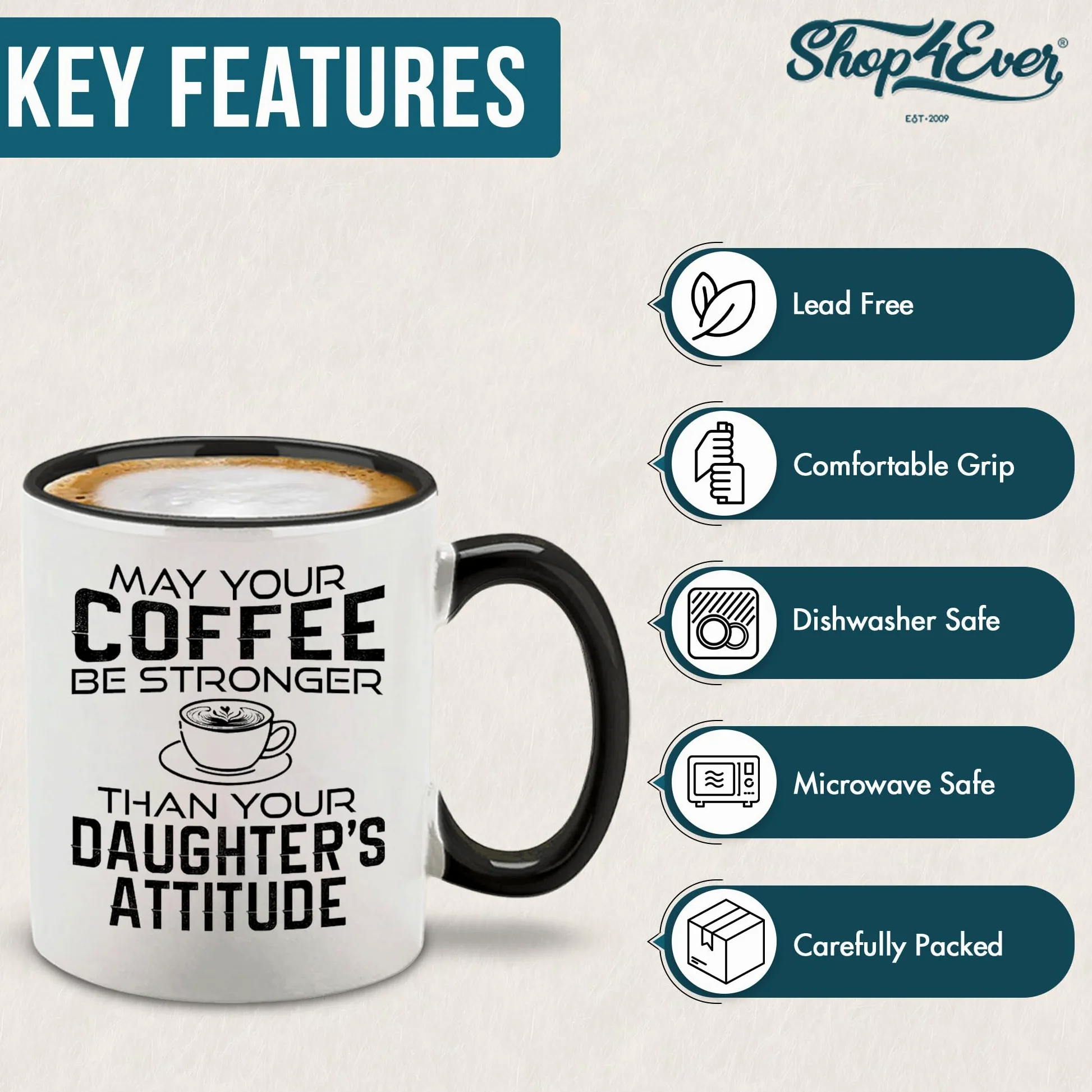 shop4ever Taza de café de cerámica con texto en inglés "May Your Coffee Be Stronger Than Your Daughter's Attitud", taza de café divertida para el día de la madre, regalo de broma, 325 ml (mango negro)