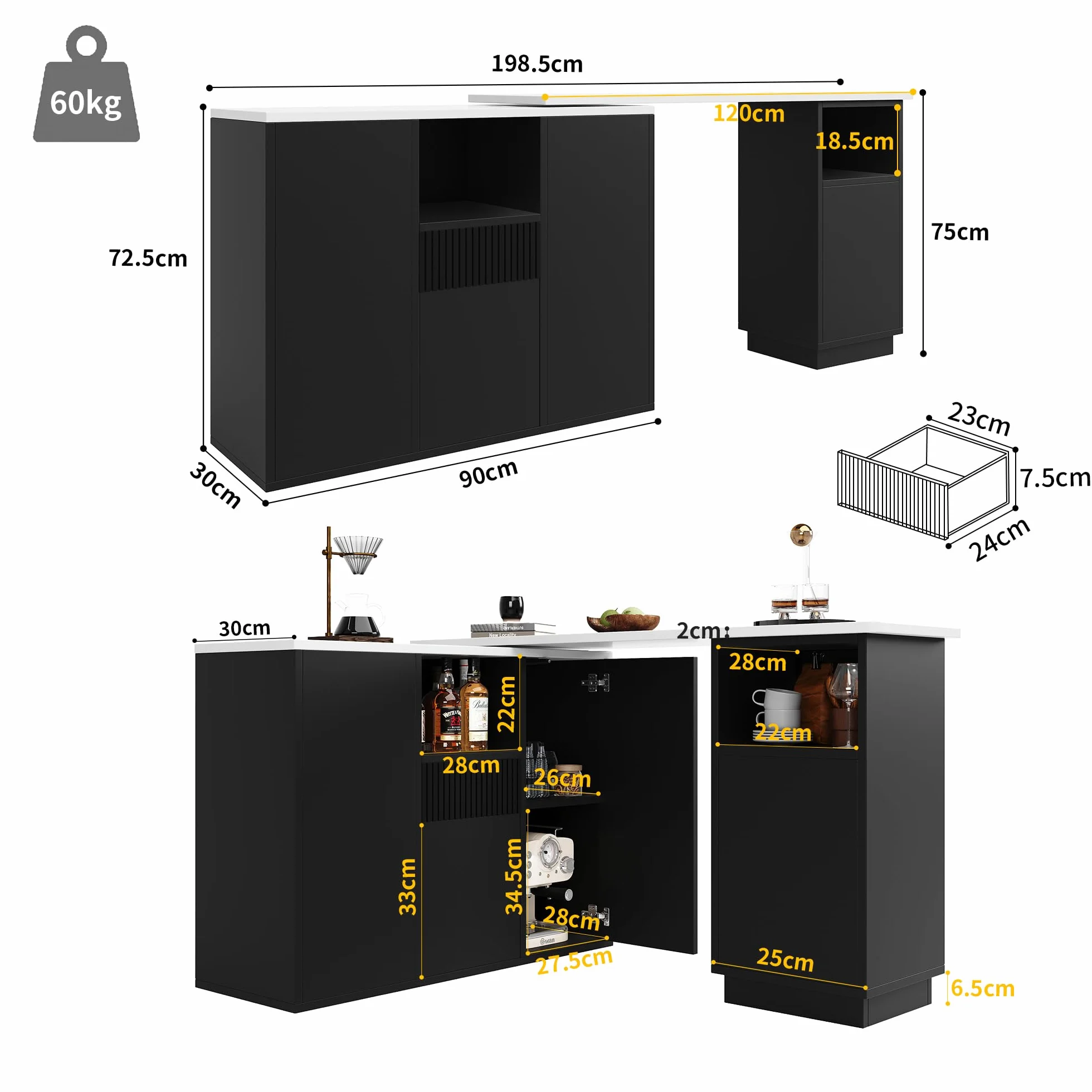 Giratorio de 360° comestible (90-198,5 x 30 x 75 cm), diseño moderno y sencillo, con espacio de almacenamiento abierto, isla de almacenamiento multifuncional, adecuada para cocina, salón y comedor