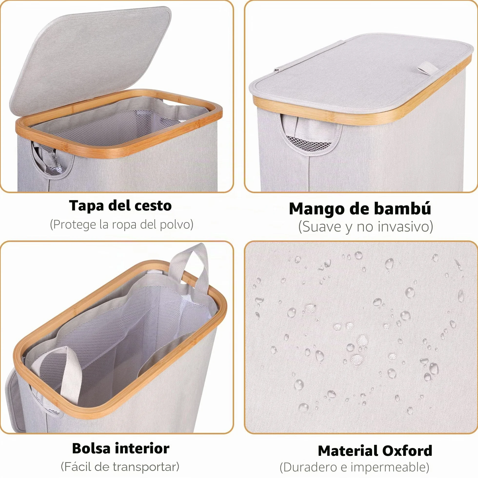Cesto Ropa Sucia Bambú 60L con Tapa, Cesta Delgado con Bolsa Interior Extraíble, Laundry Basket Plegable para Lavadero Dormitorio Gris claro