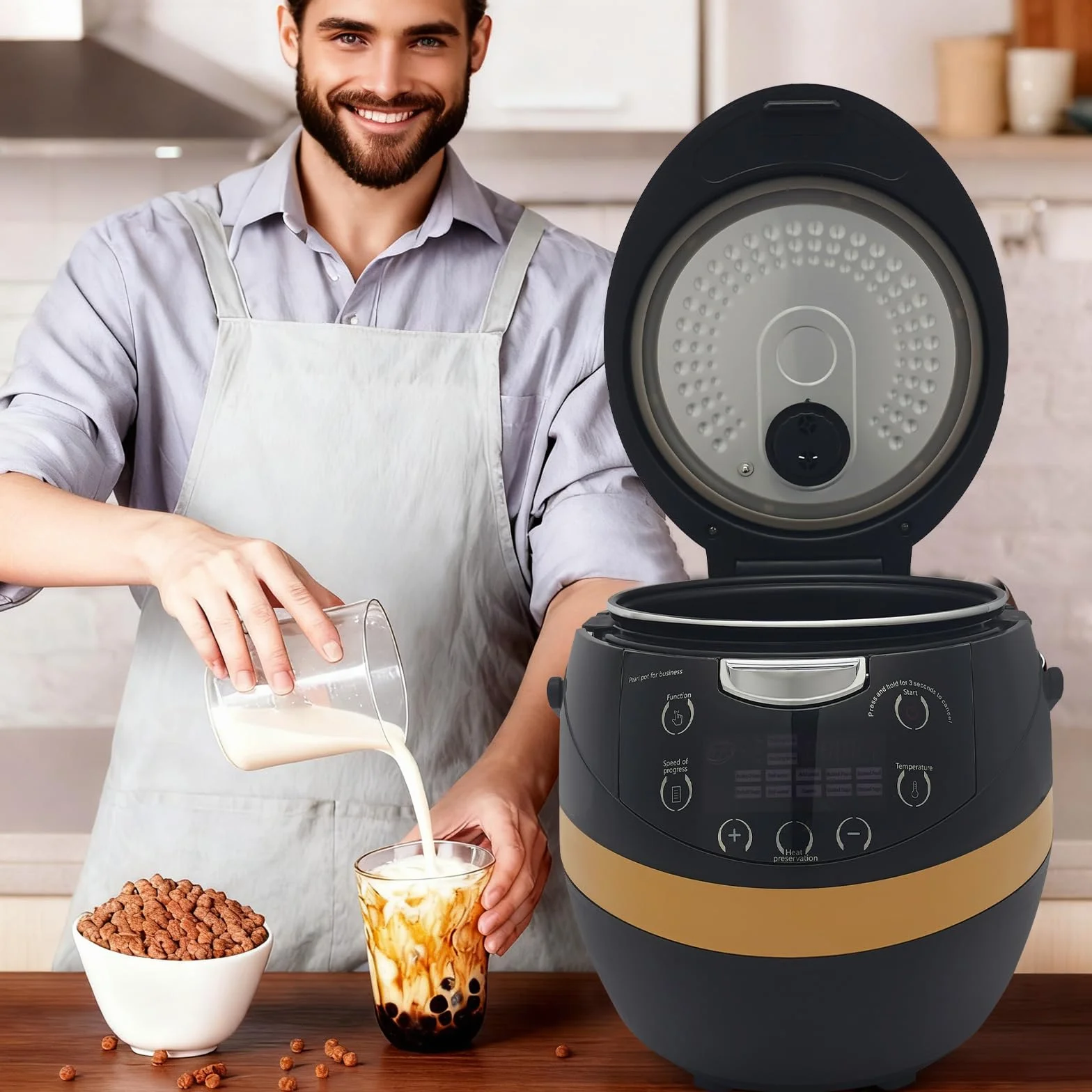 Máquina de cocina de tapioca de 8 litros, olla automática de perlas con revestimiento antiadherente, olla de tapioca de 1200 W, olla de perlas comercial con 12 temporizadores y modo de mantenimiento