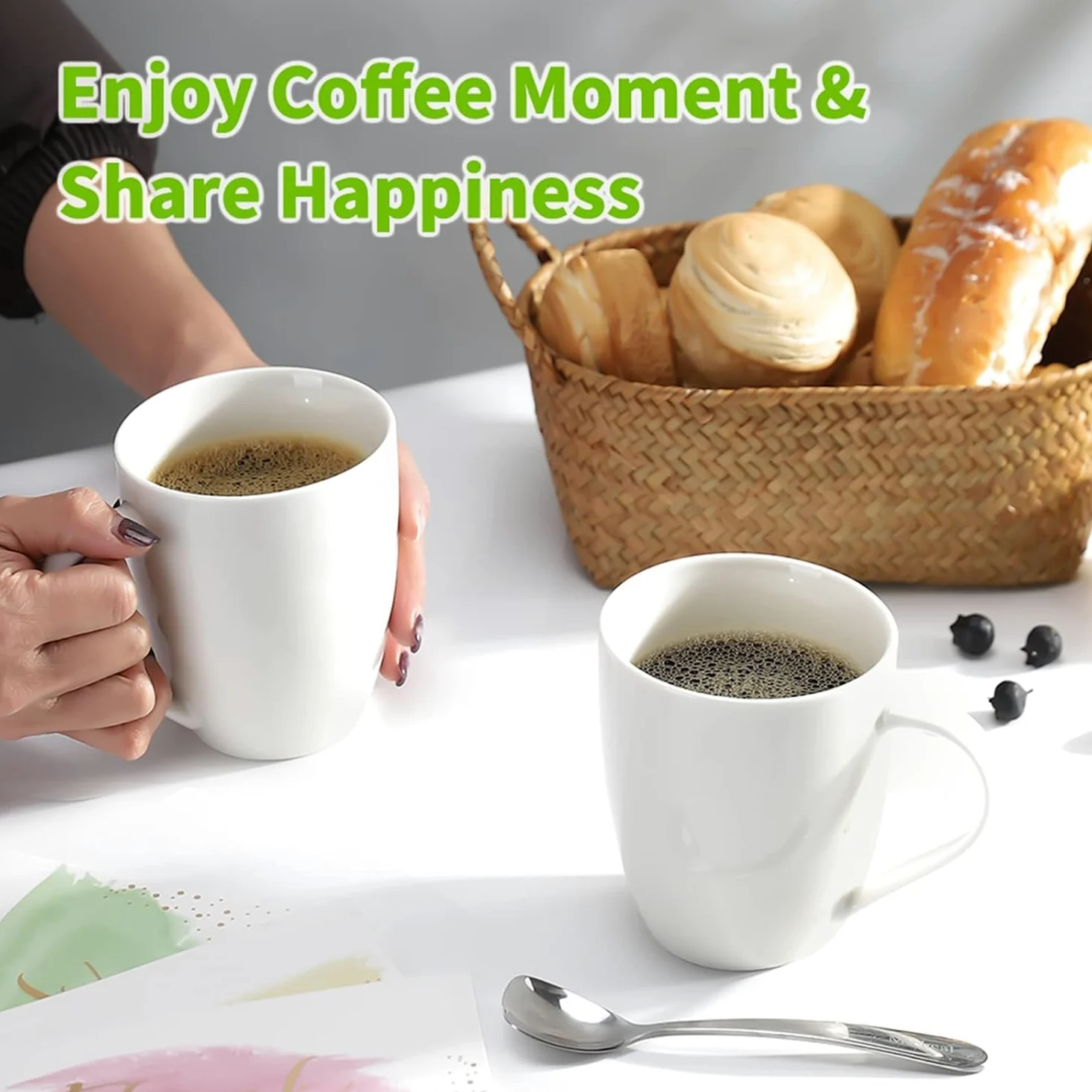 Juego de 6 tazas de café de porcelana de 13 onzas con asa, tazas de té de cerámica para café con leche, té caliente, capuchino, moca, cacao, juego de regalo de tazas de colores surtidos, aptas para