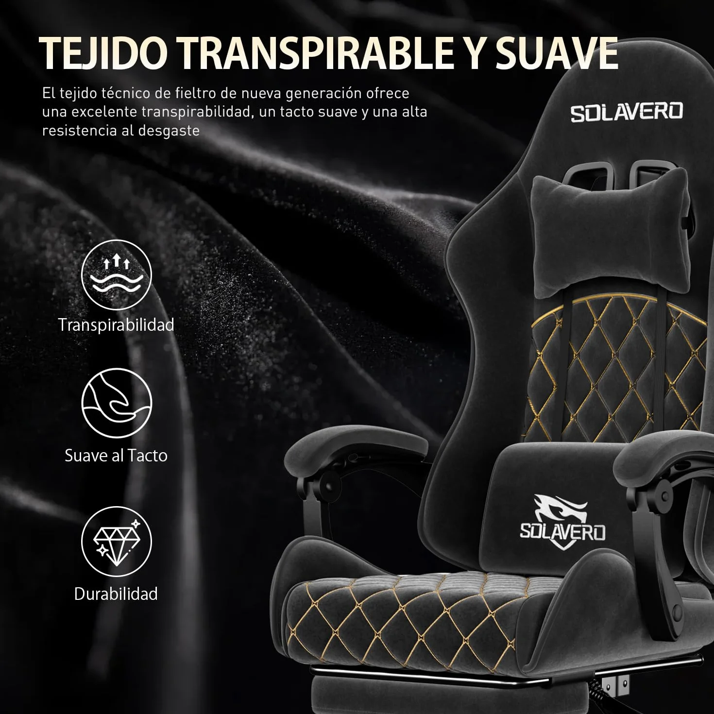 SOLAVERO Silla Gaming de Tejido de Antelina, Silla Gamer Ergonómica con Soporte Lumbar Masaje, Sillón Gamer con Reposapiés Telescópico, Capacidad 150KG, Cadeira Gaming Negro