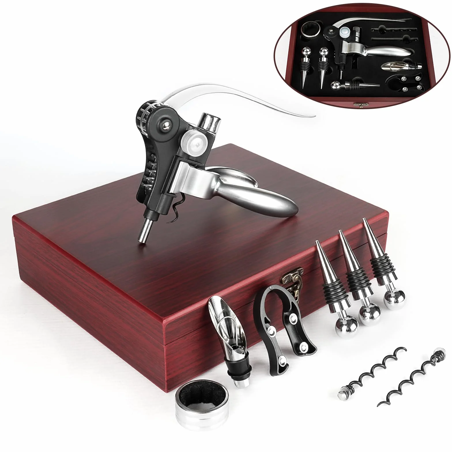 UCAMP Juego de abridor de vino de lujo con 11 sacacorchos, accesorios de vino, set de regalo para amantes del vino (caja de madera)