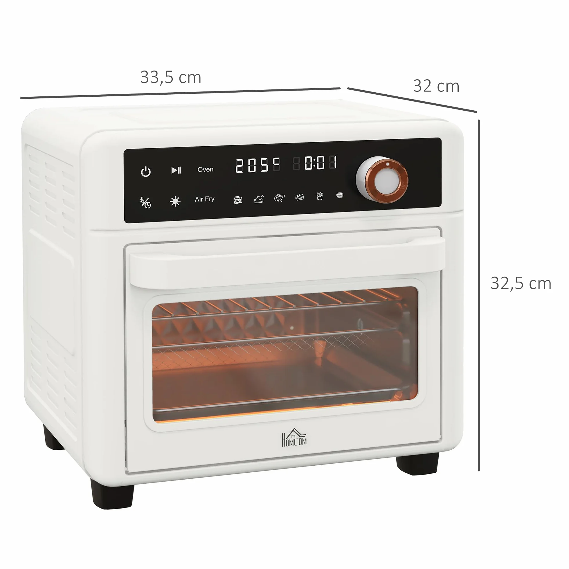 HOMCOM Horno Eléctrico de Sobremesa Horno Sobremesa de 13L 1200W Freidora de Aire con 12 Modos de Calor Temporizador 12 H y Temperatura Regulable hasta 220℃ Blanco