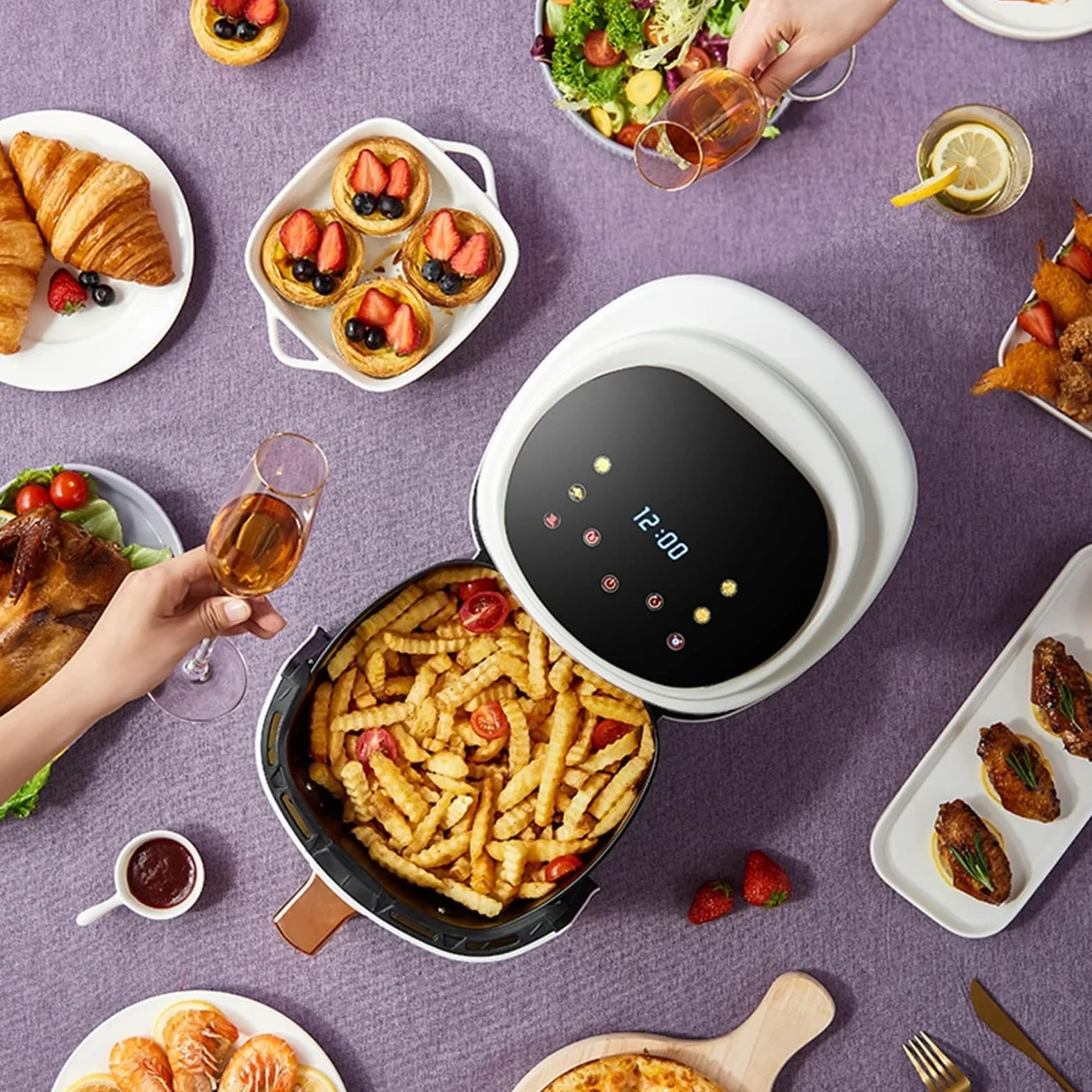 Horno freidora de aire con circulación rápida de aire, sin aceite, temporizador de 60 minutos, temperatura ajustable, cesta antiadherente, receta incluida, control inteligente para comidas familiares